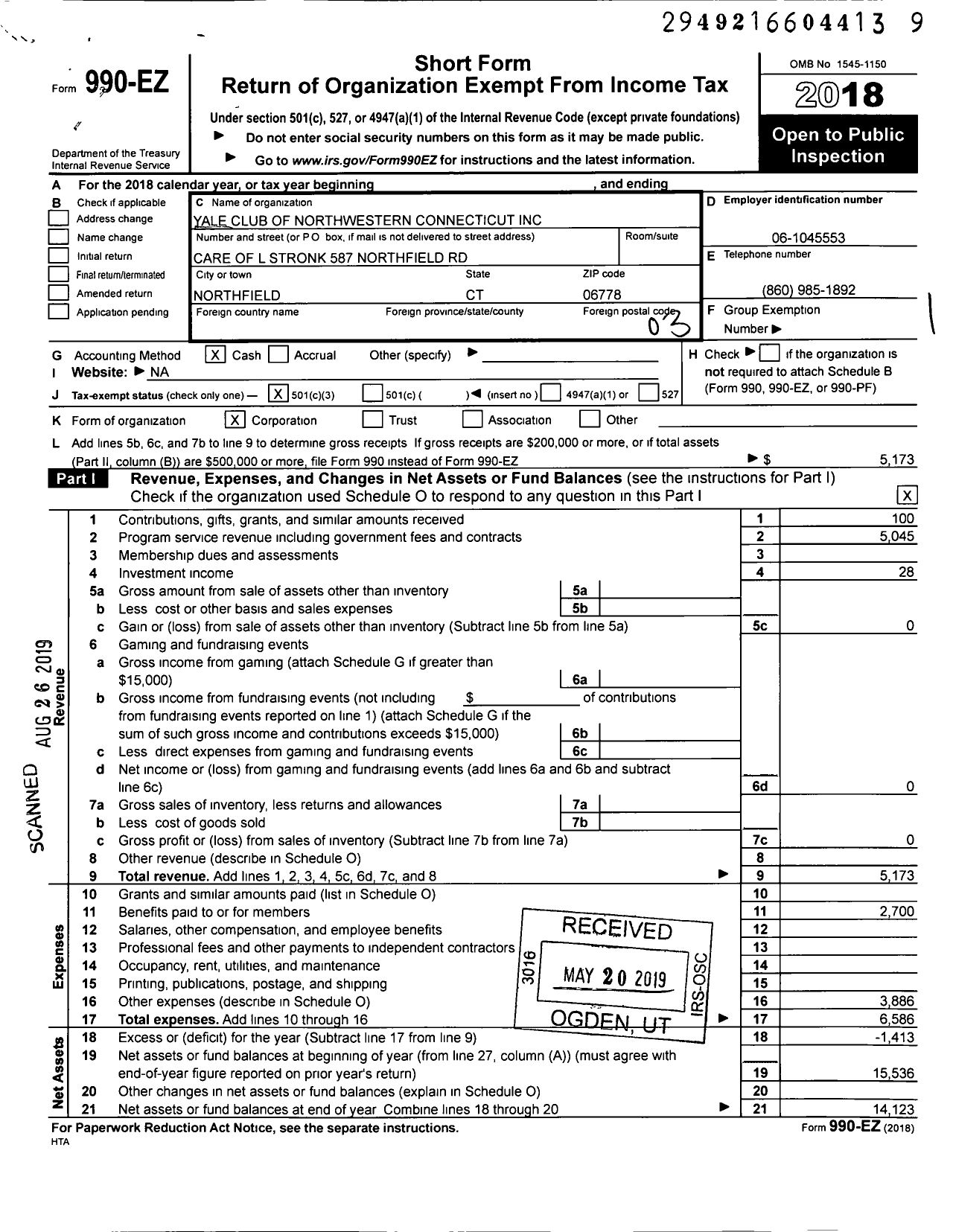 Image of first page of 2018 Form 990EZ for Yale Club of Northwestern Connecticut