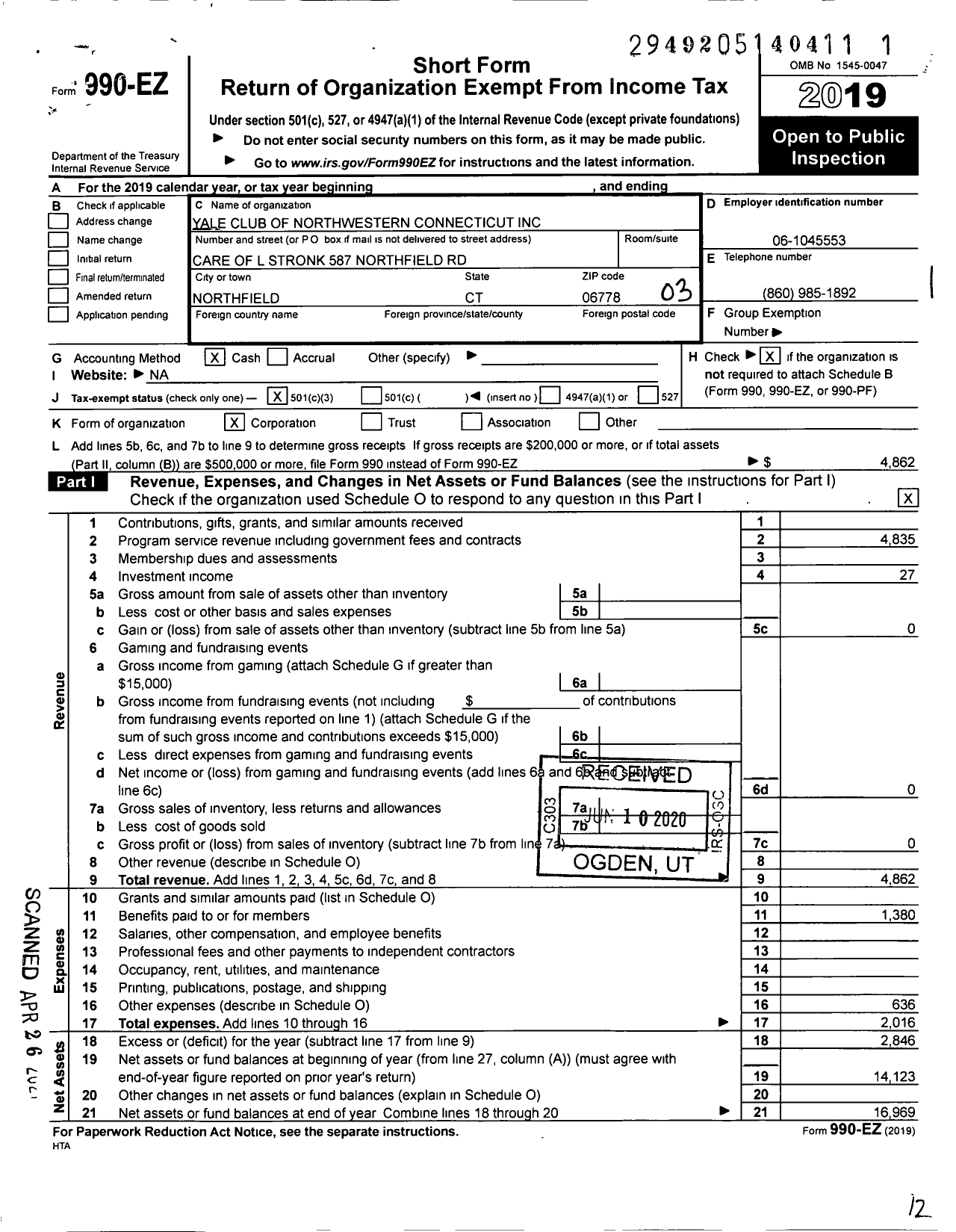 Image of first page of 2019 Form 990EZ for Yale Club of Northwestern Connecticut