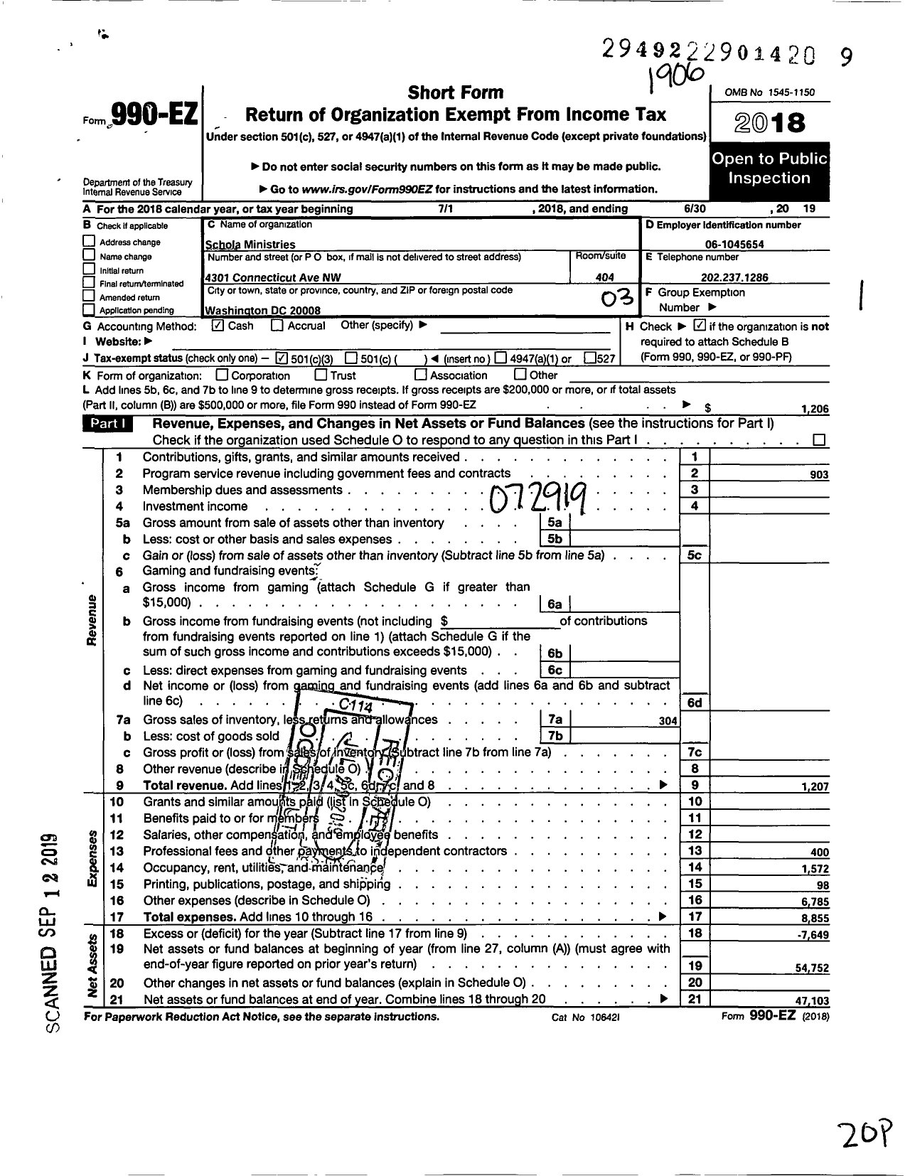 Image of first page of 2018 Form 990EZ for Schola Ministries