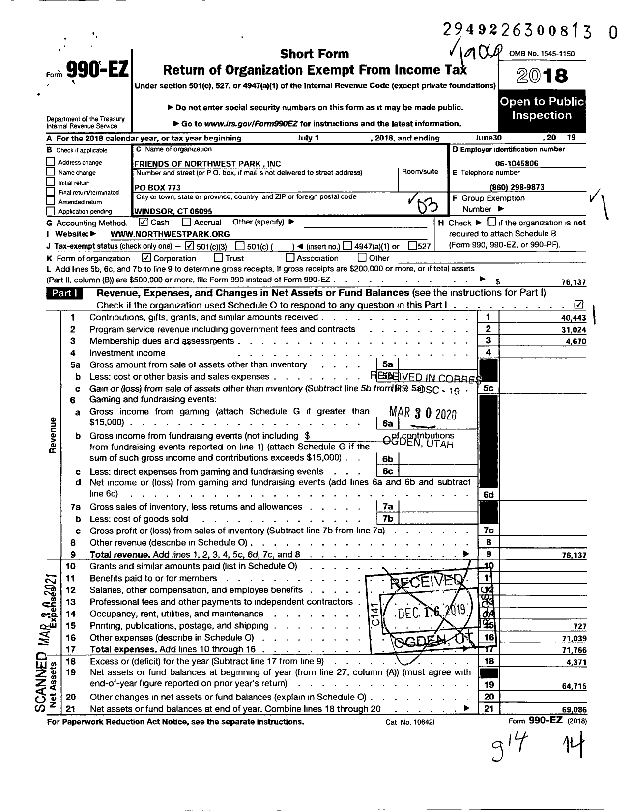 Image of first page of 2018 Form 990EZ for Friends of Northwest Park