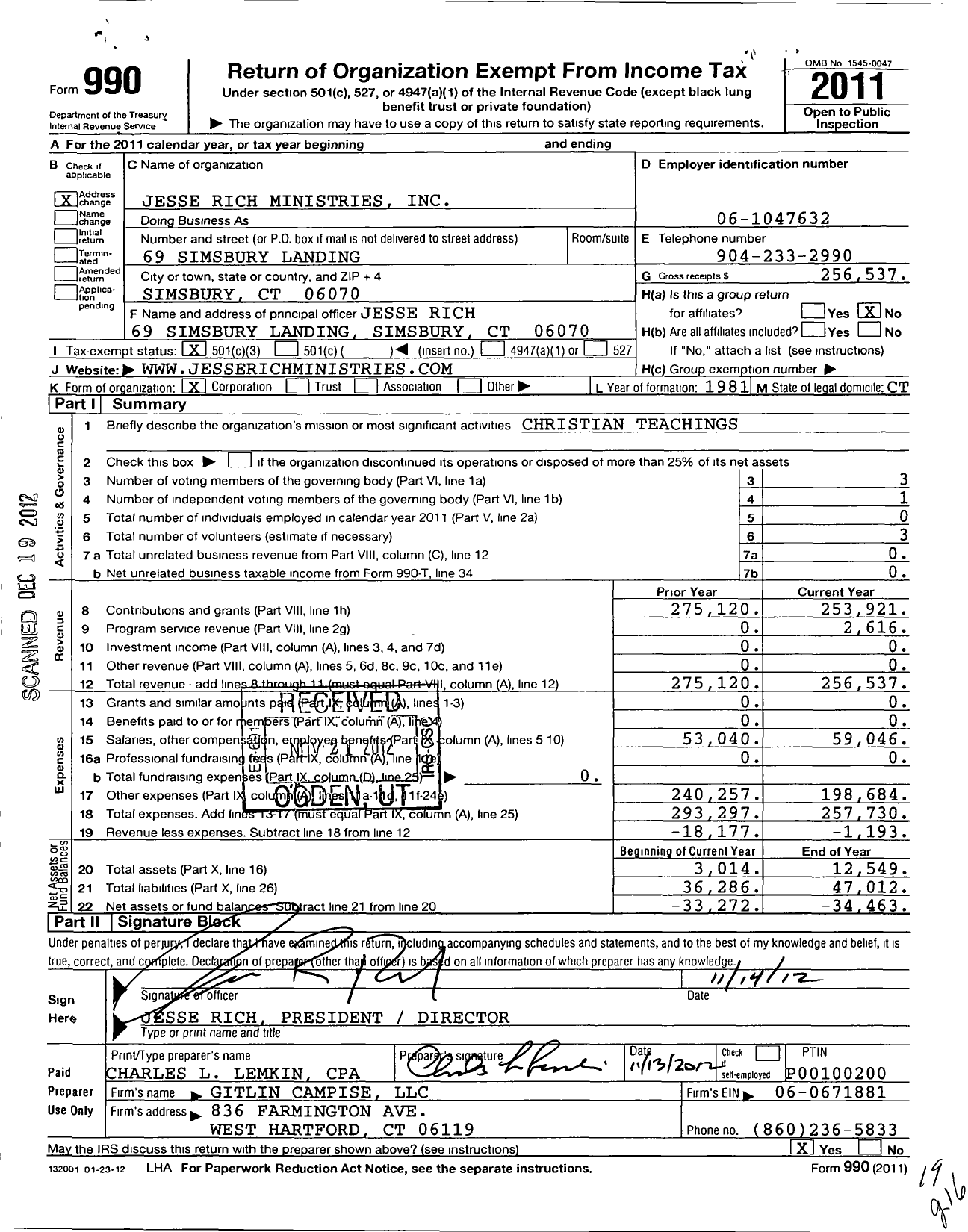 Image of first page of 2011 Form 990 for Jesse Rich Ministries