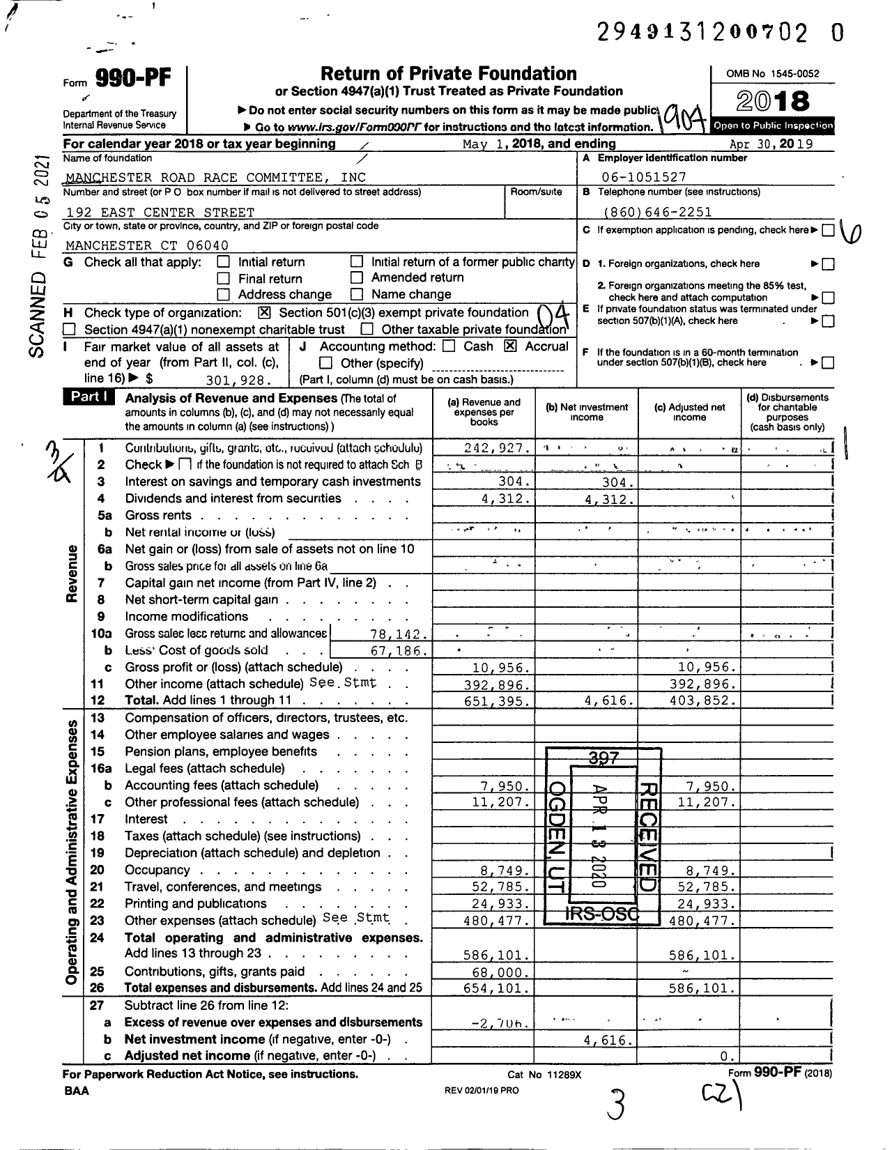 Image of first page of 2018 Form 990PF for Manchester Road Race Committee