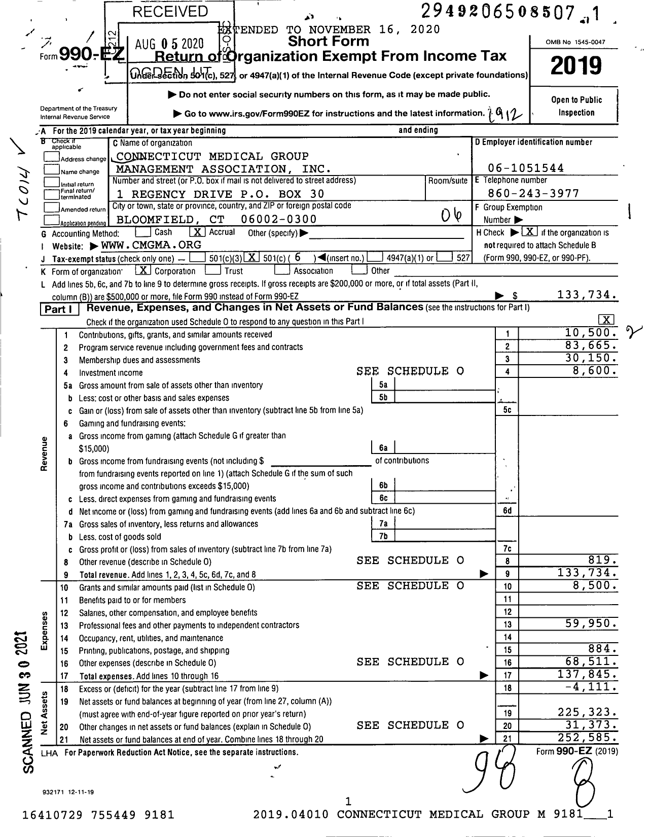 Image of first page of 2019 Form 990EO for Connecticut Medical Group Management Association