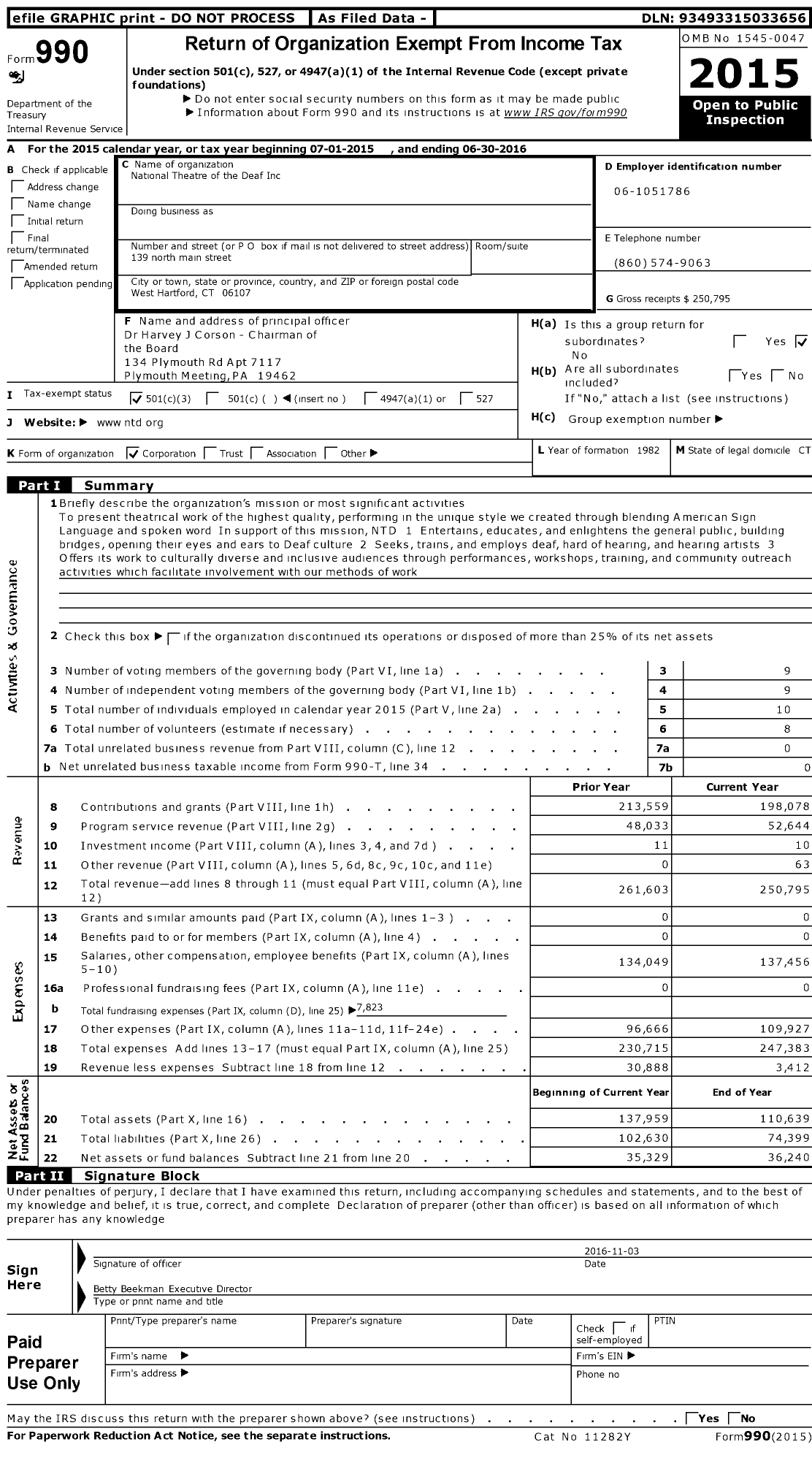 Image of first page of 2015 Form 990 for National Theatre of the Deaf