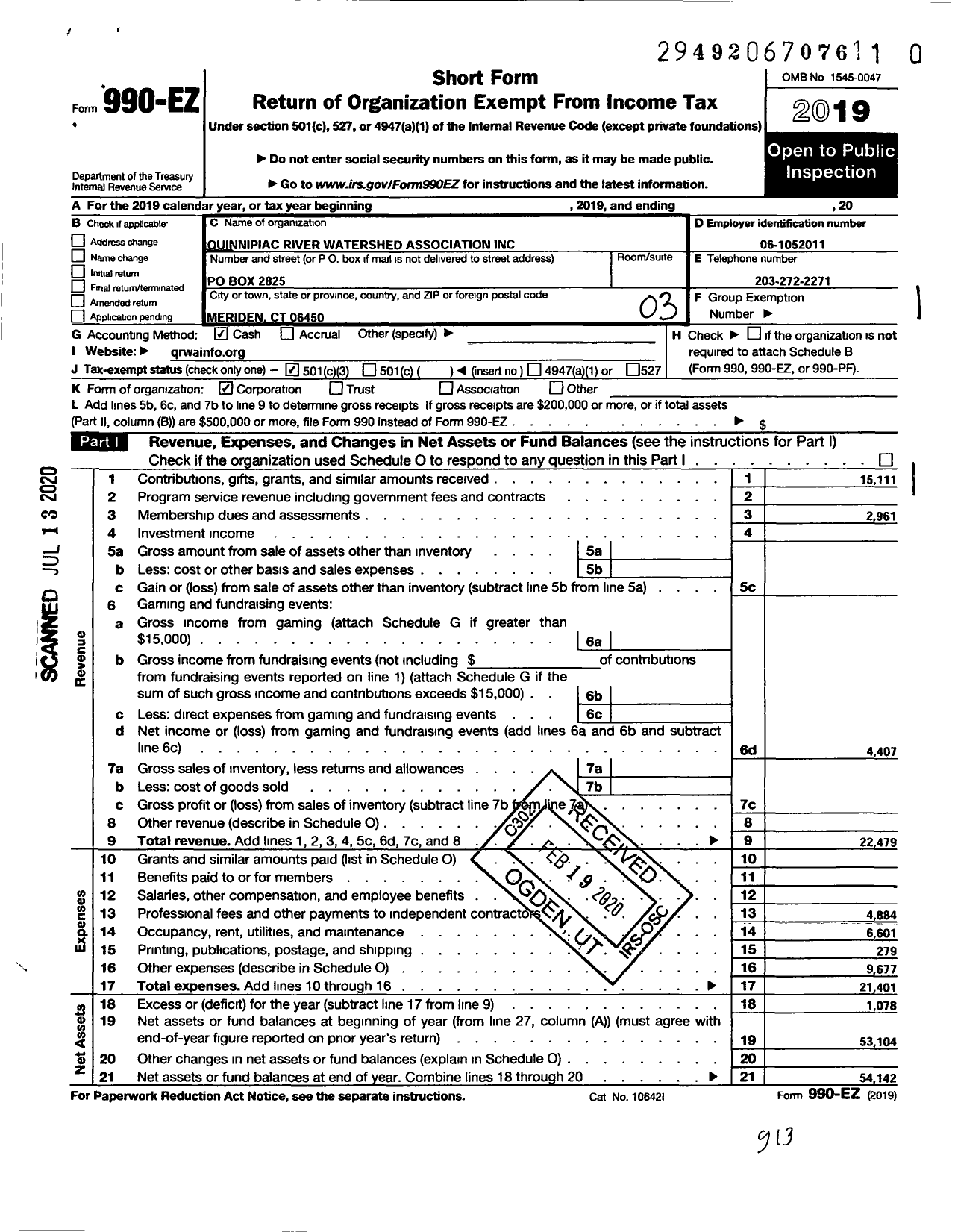 Image of first page of 2019 Form 990EZ for Quinnipiac River Watershed Association