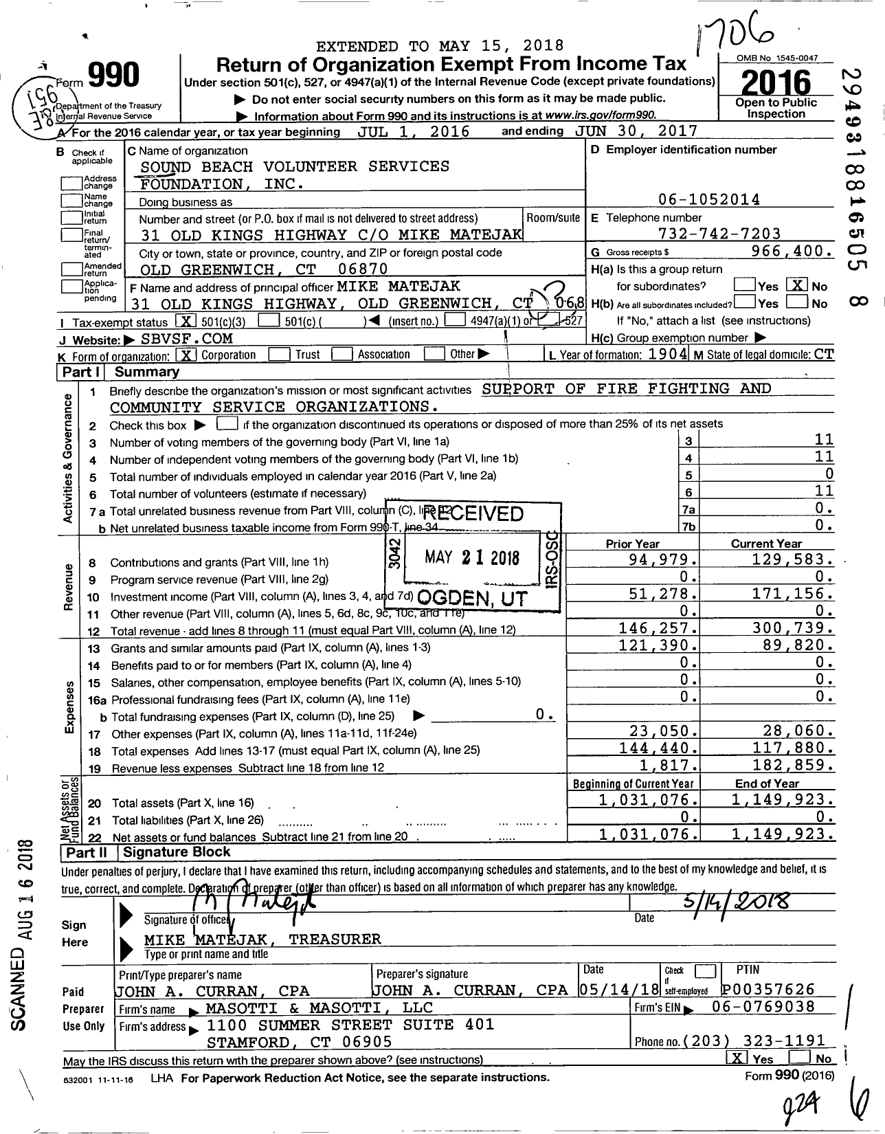 Image of first page of 2016 Form 990 for Sound Beach Volunteer Services Foundation