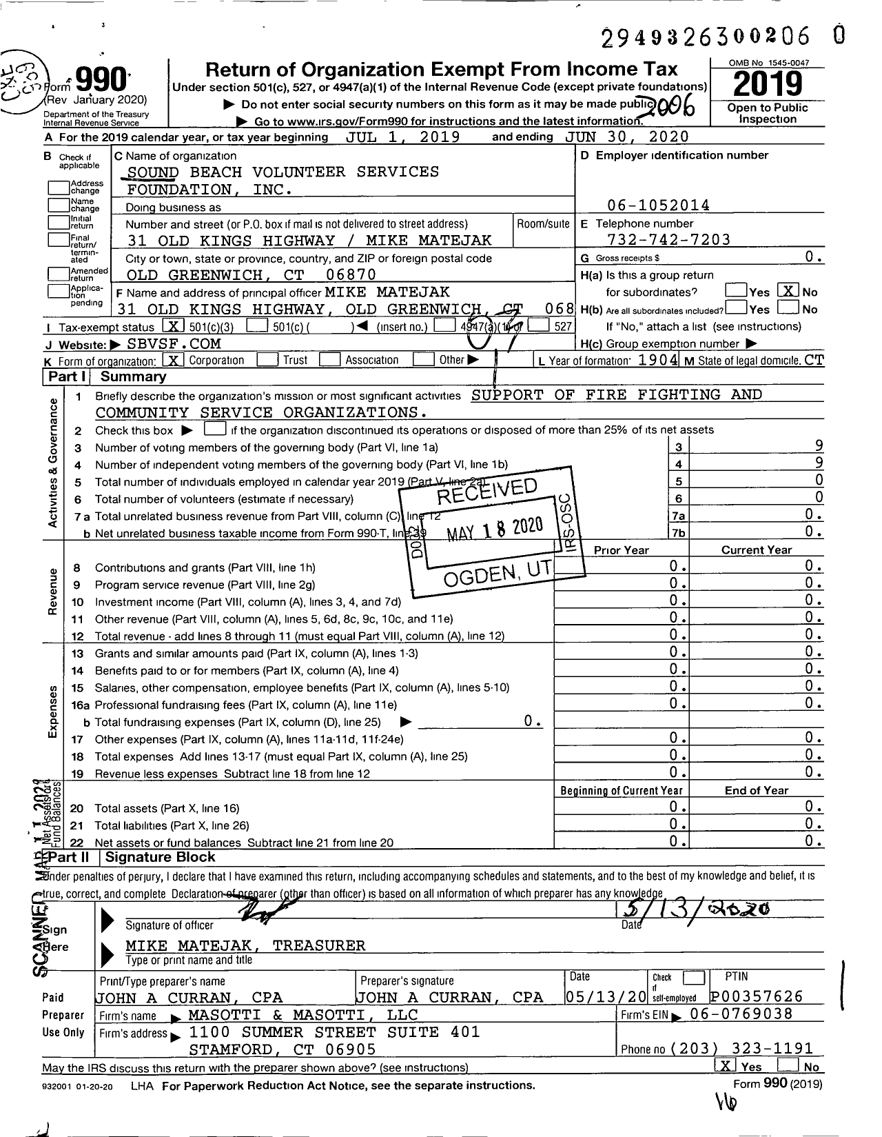 Image of first page of 2019 Form 990 for Sound Beach Volunteer Services Foundation