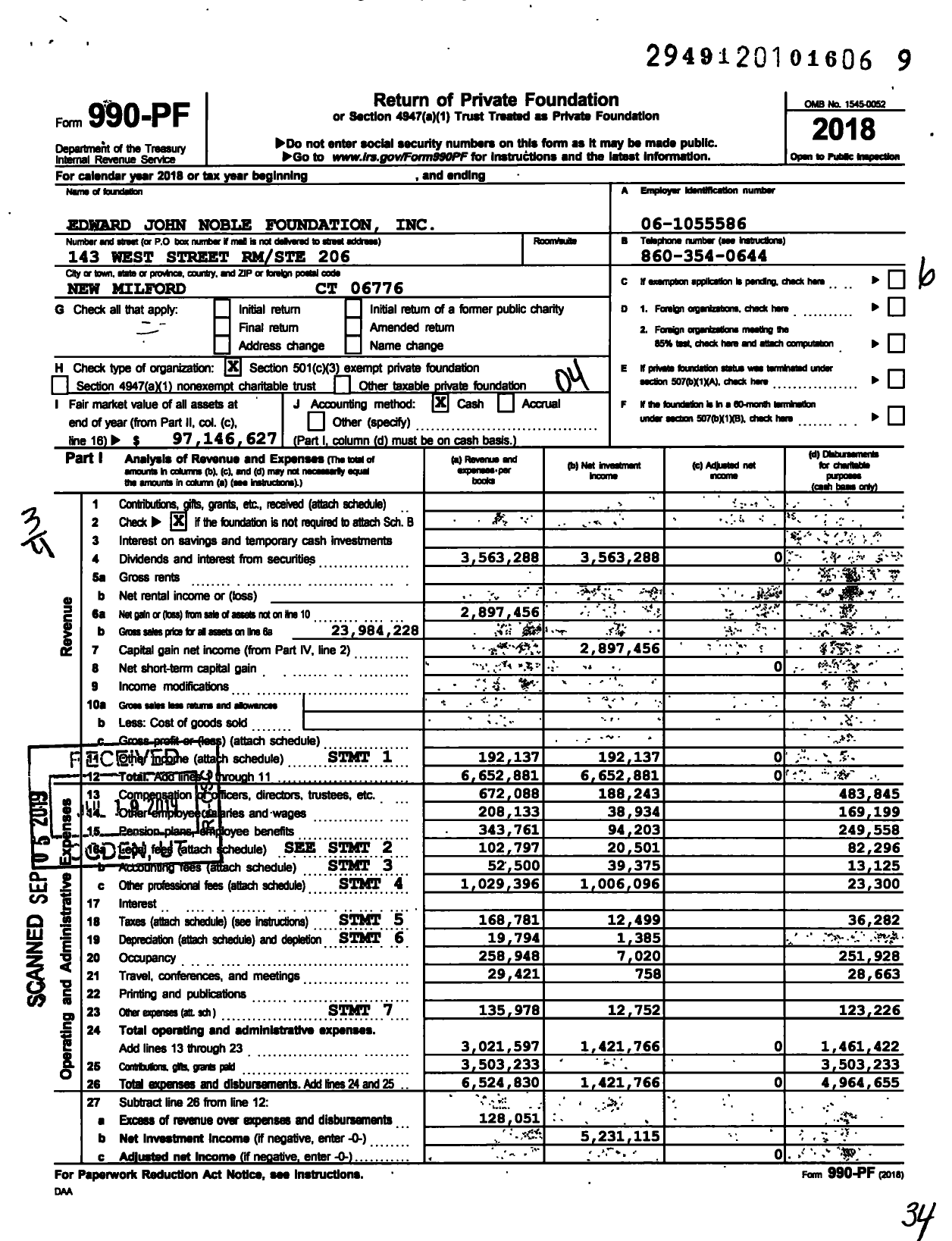 Image of first page of 2018 Form 990PF for Edward John Noble Foundation