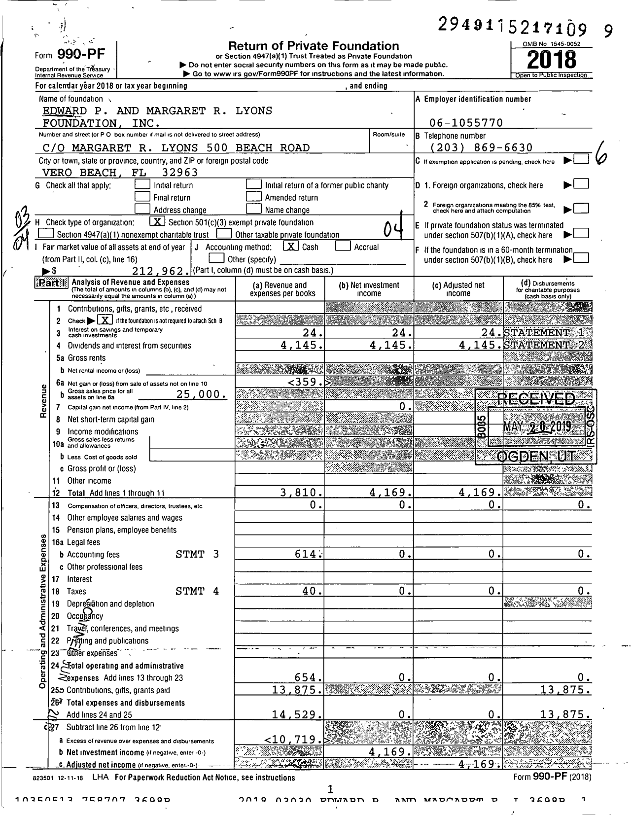 Image of first page of 2018 Form 990PF for Edward P and Margaret R Lyons Foundation