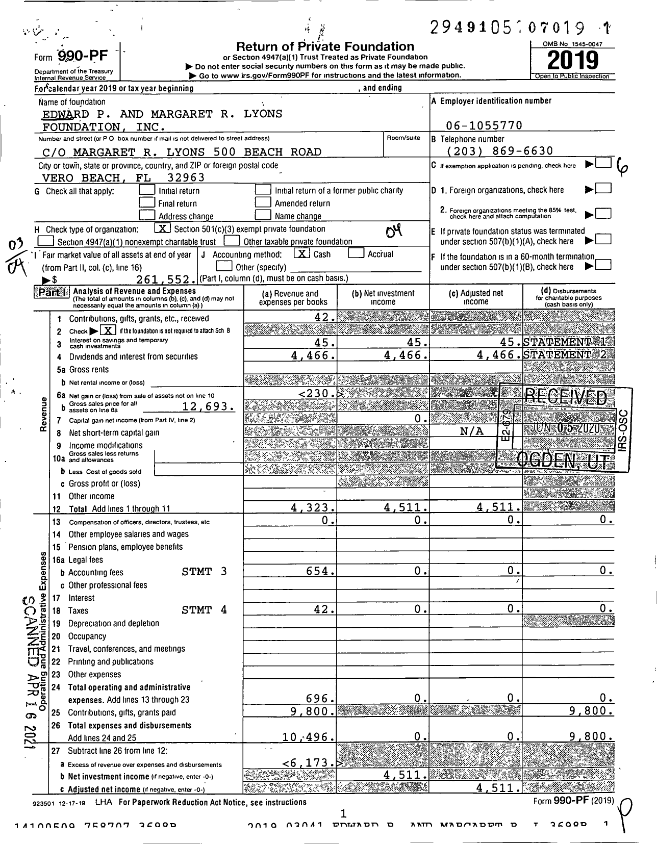 Image of first page of 2019 Form 990PF for Edward P and Margaret R Lyons Foundation