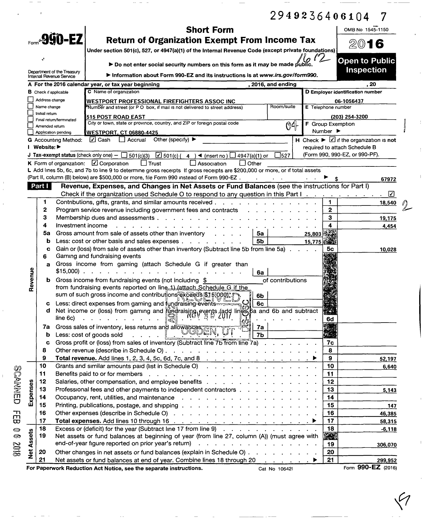 Image of first page of 2016 Form 990EO for Westport Professional Firefighters Association