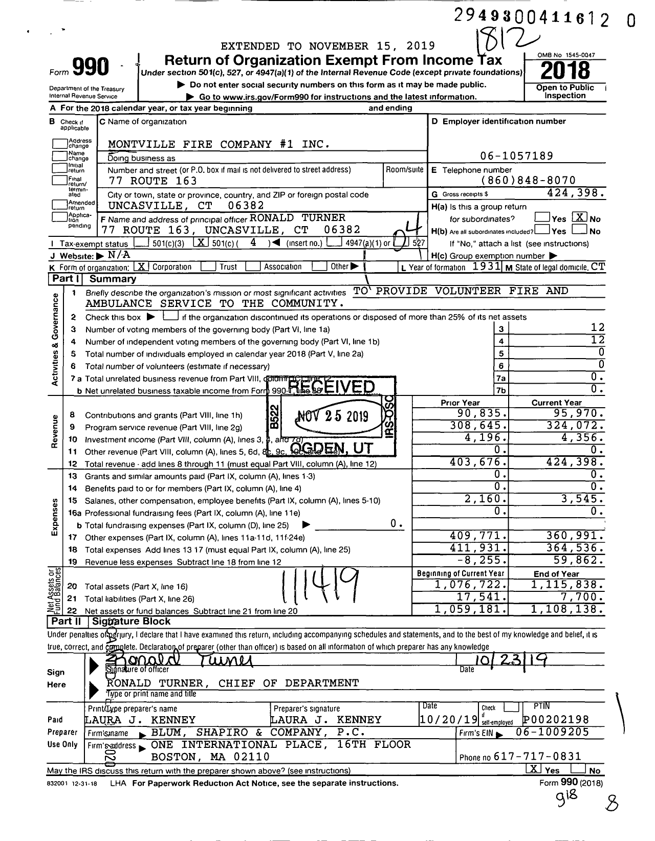 Image of first page of 2018 Form 990O for Montville Fire Company #1