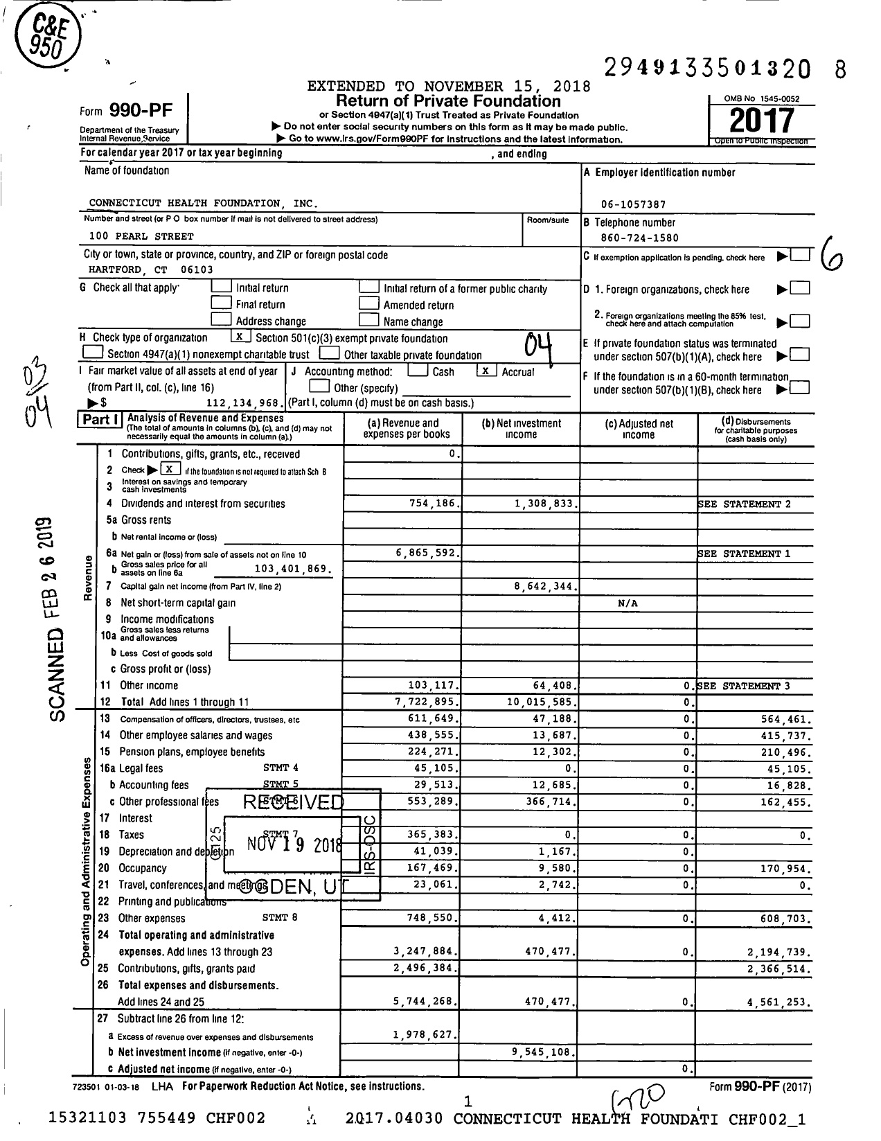 Image of first page of 2017 Form 990PF for Connecticut Health Foundation