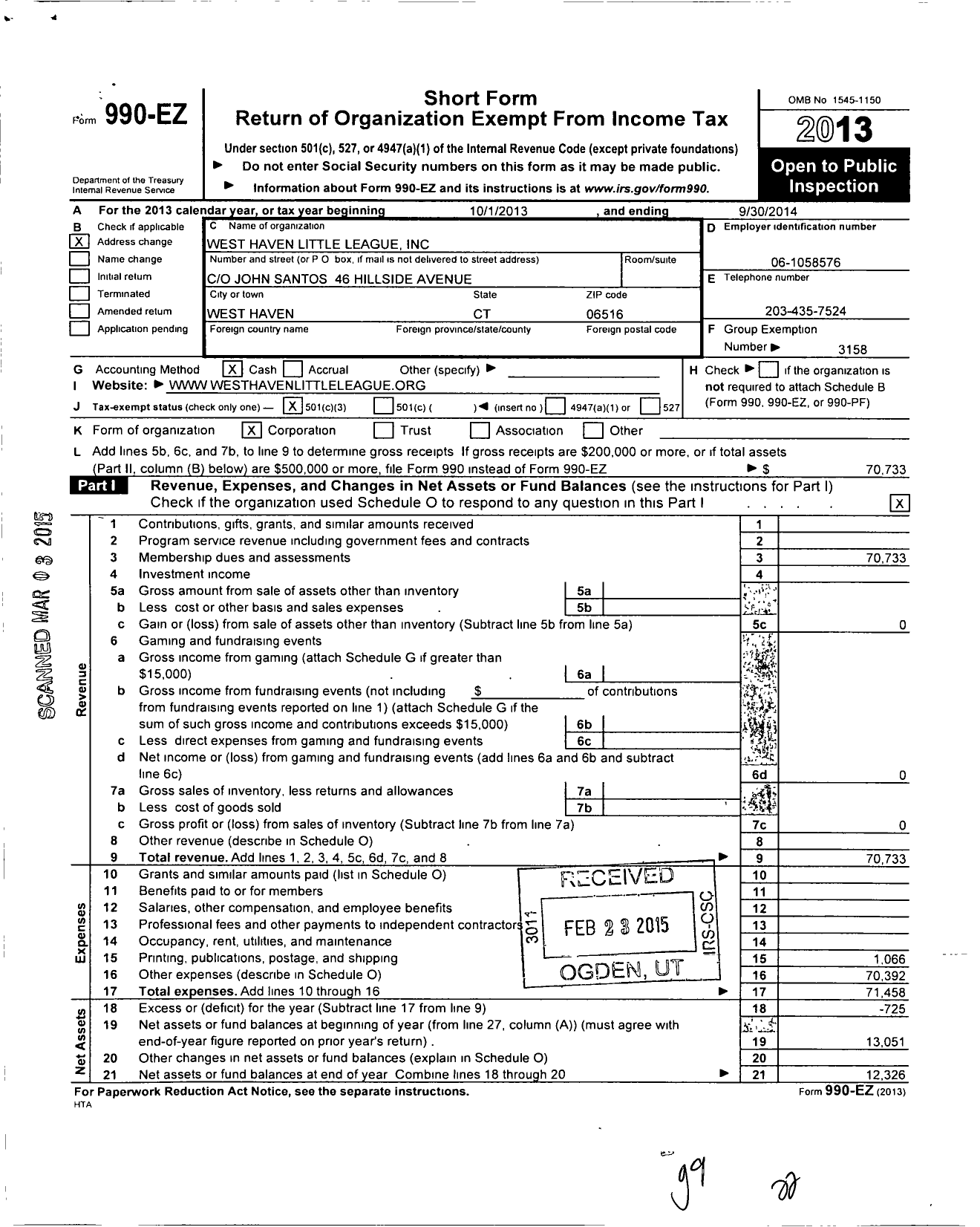 Image of first page of 2013 Form 990EZ for Little League Baseball - 2070417 West Haven LL