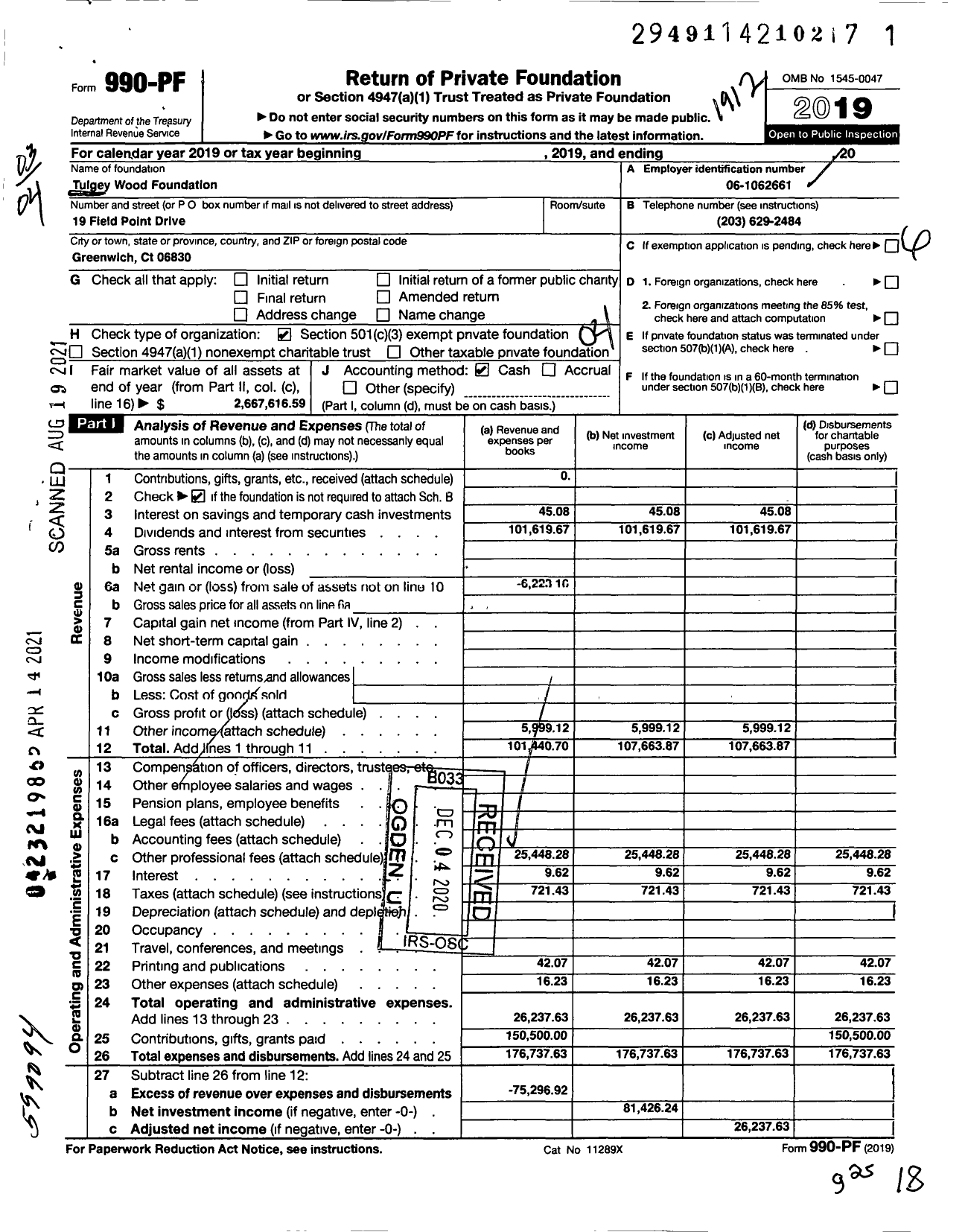 Image of first page of 2019 Form 990PF for Tulgey Wood Foundation