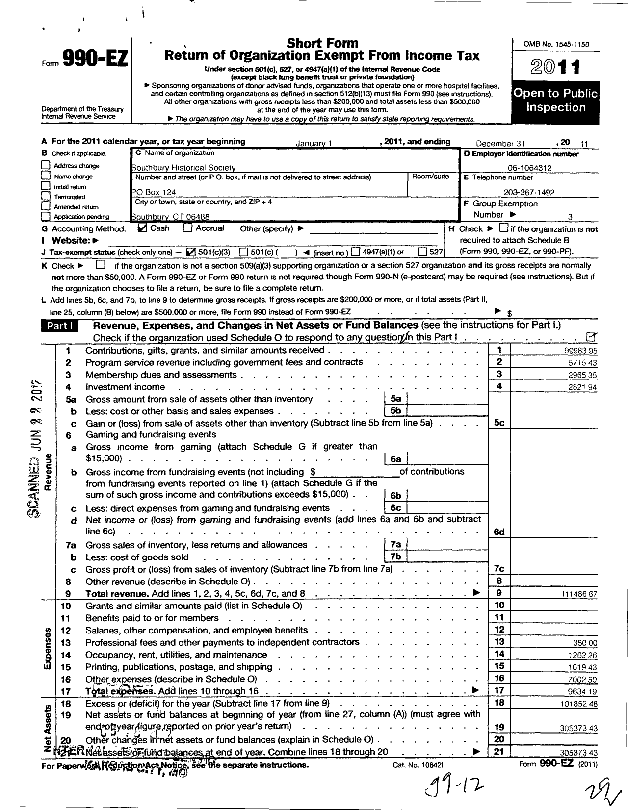 Image of first page of 2011 Form 990EZ for Southbury Historical Society