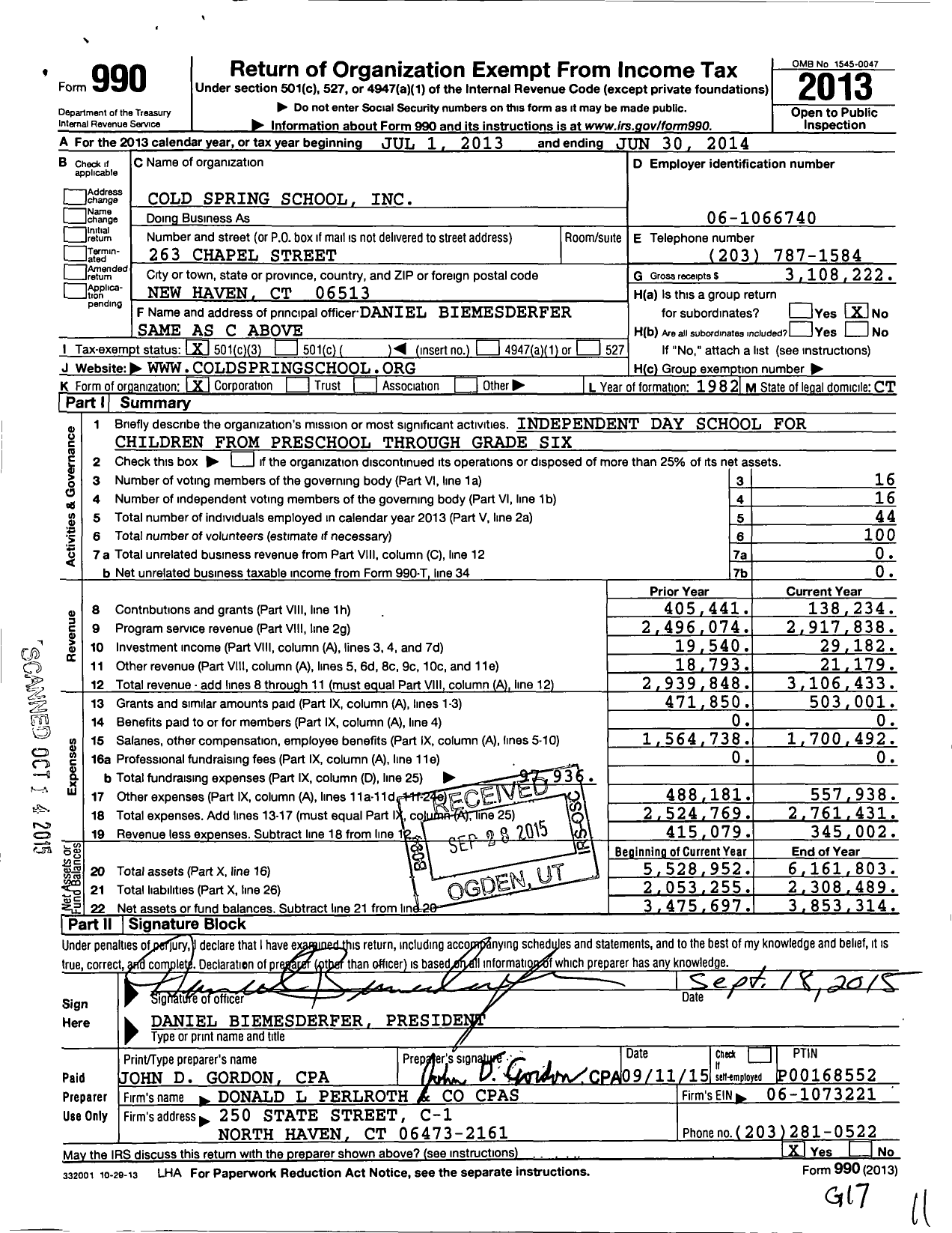 Image of first page of 2013 Form 990 for Cold Spring School