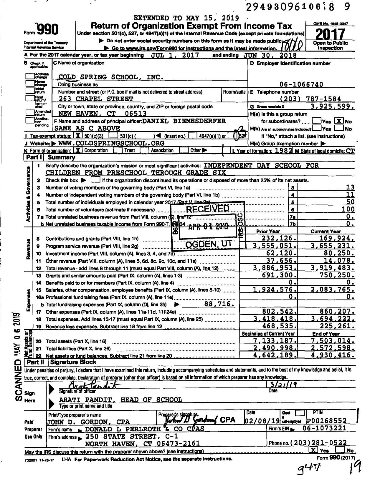 Image of first page of 2017 Form 990 for Cold Spring School