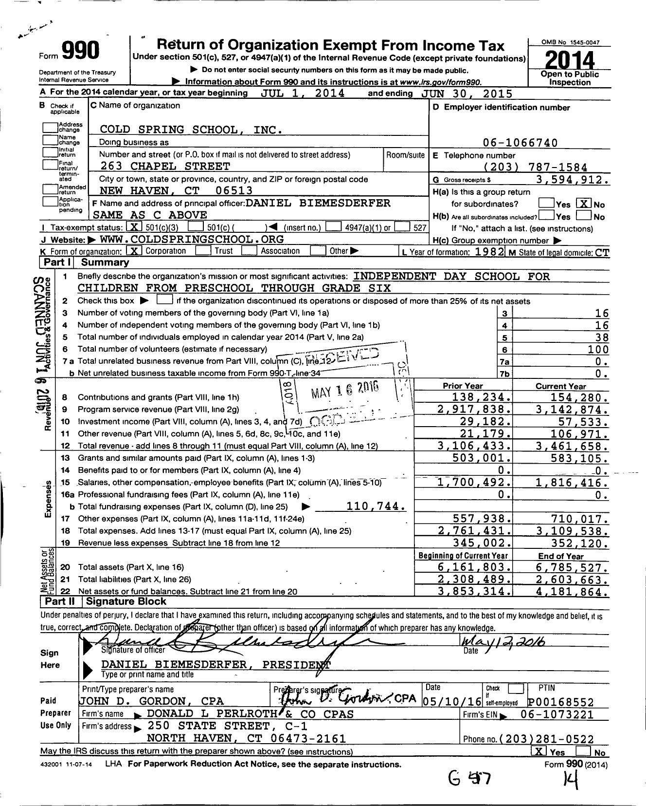 Image of first page of 2014 Form 990 for Cold Spring School