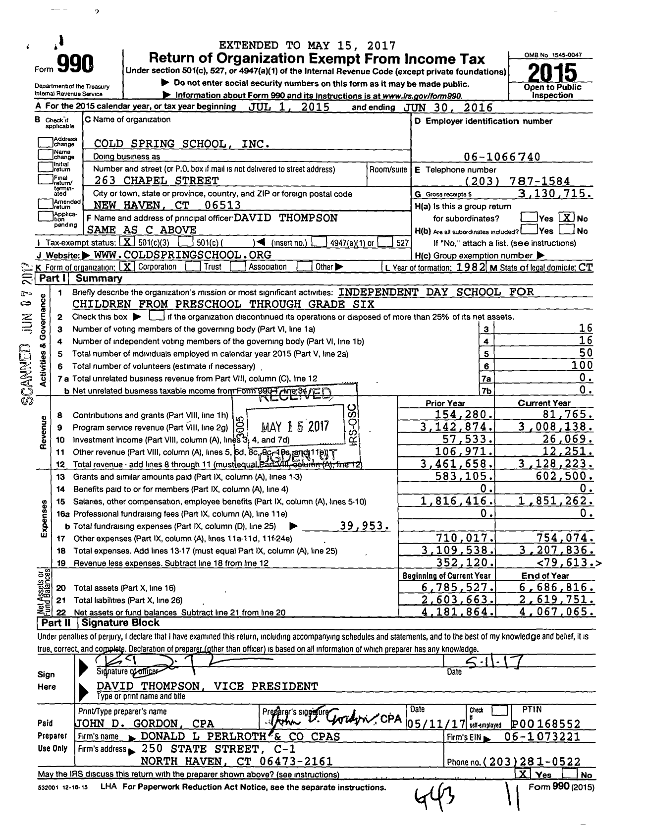 Image of first page of 2015 Form 990 for Cold Spring School