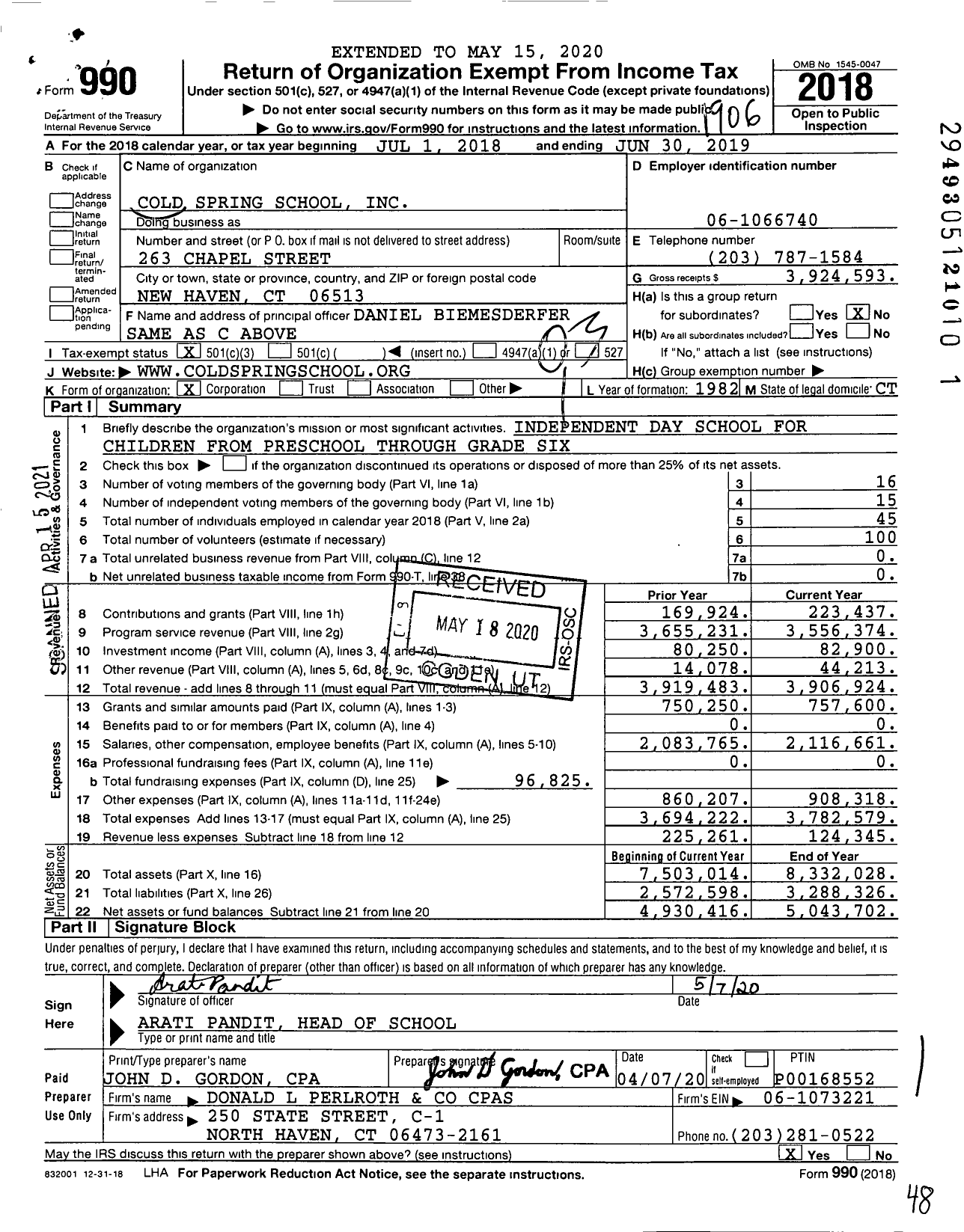 Image of first page of 2018 Form 990 for Cold Spring School