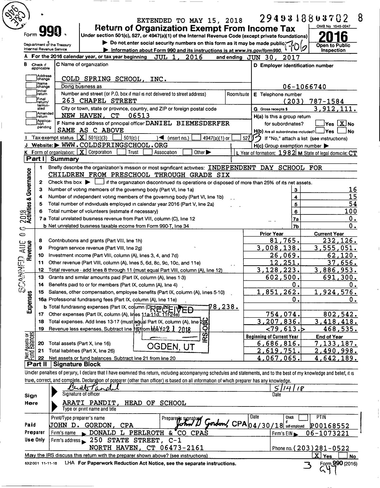 Image of first page of 2016 Form 990 for Cold Spring School