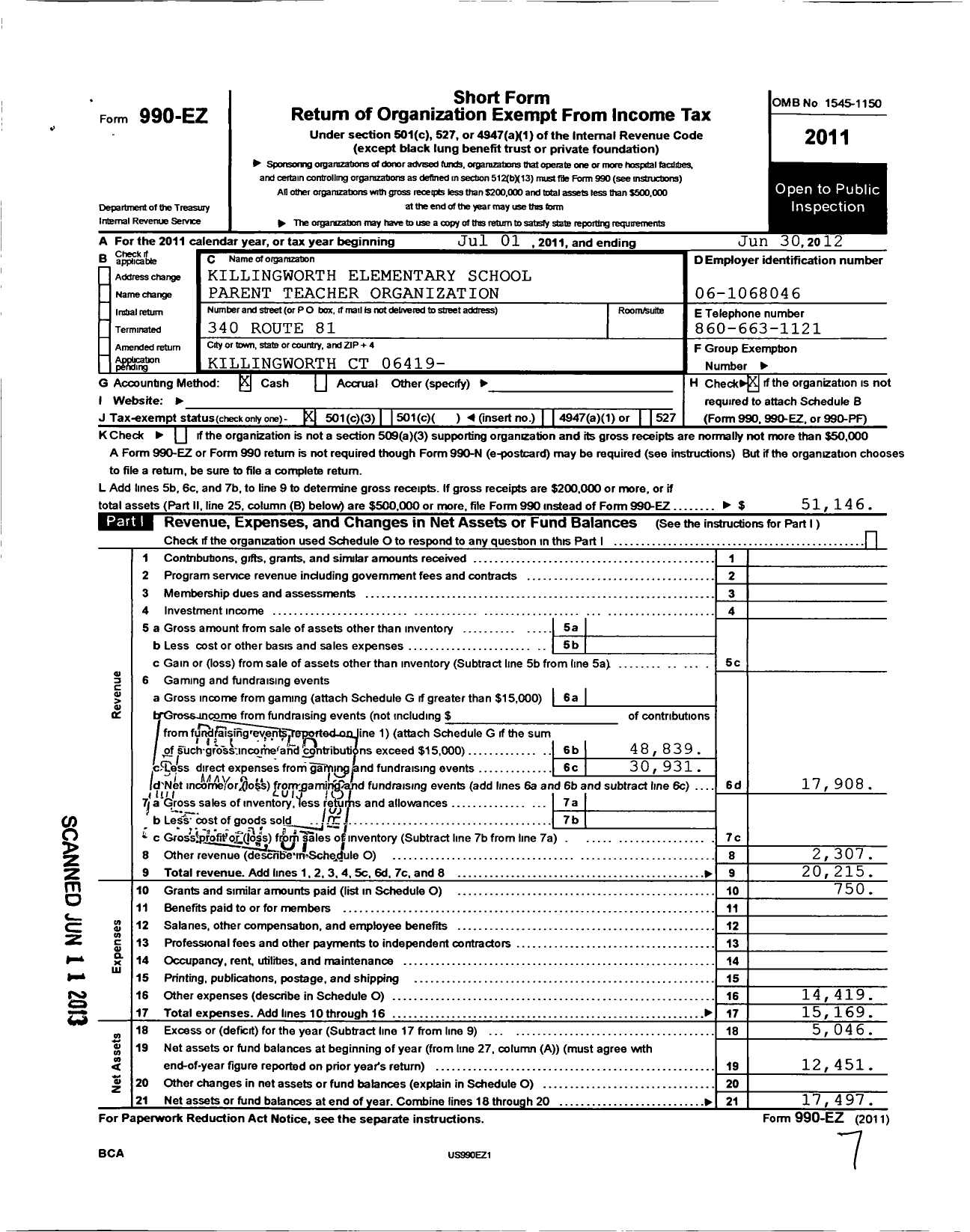 Image of first page of 2011 Form 990EZ for Killingworth Elementary School Parent-Teacher Oragnization