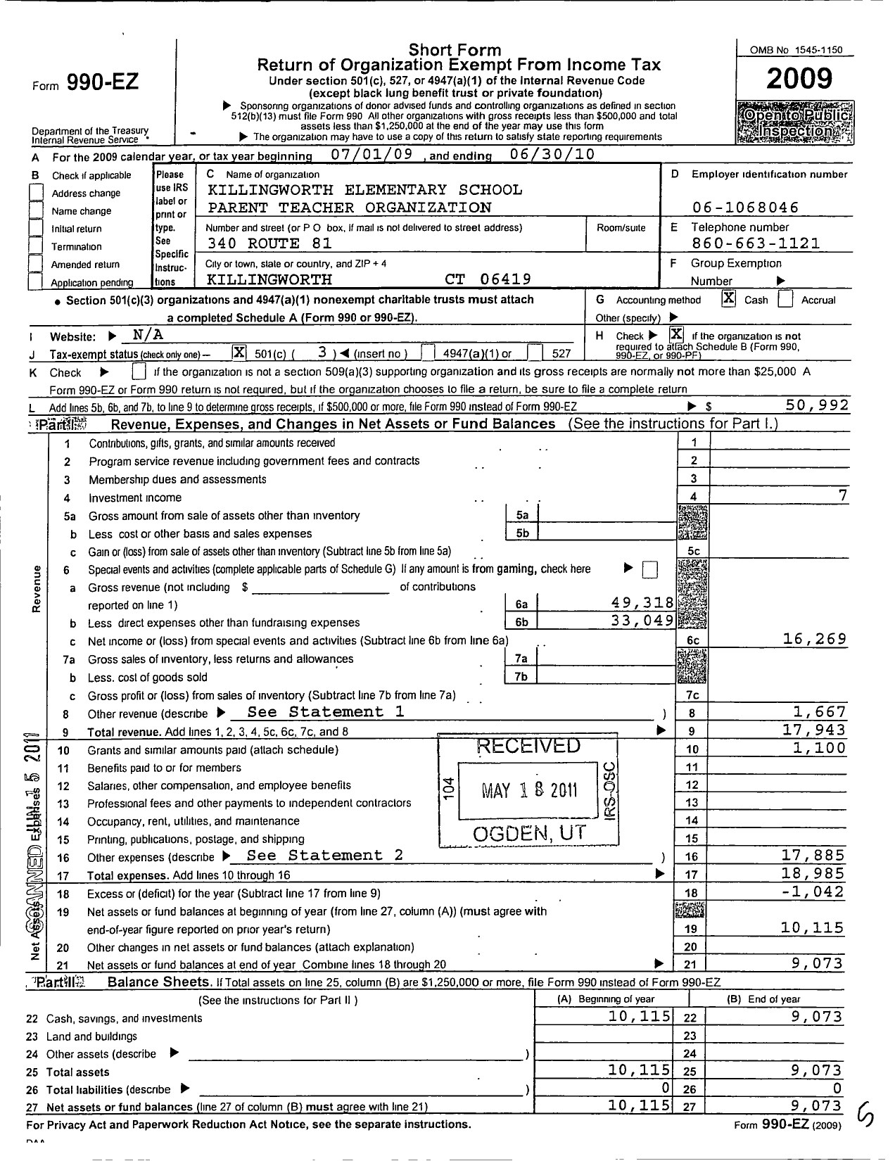 Image of first page of 2009 Form 990EZ for Killingworth Elementary School Parent-Teacher Oragnization