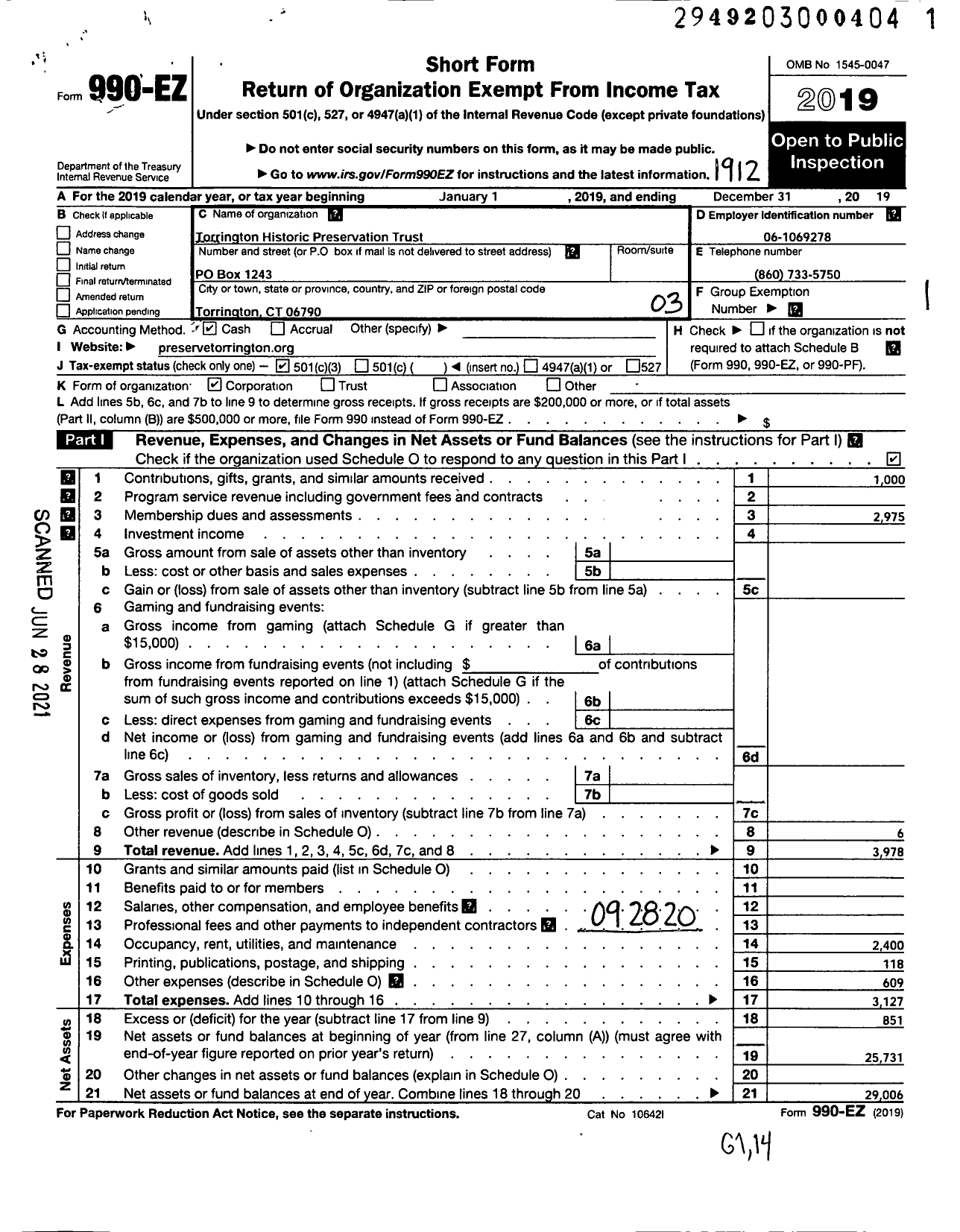 Image of first page of 2019 Form 990EZ for Torrington HISTORIC PRESERVATION TRUST