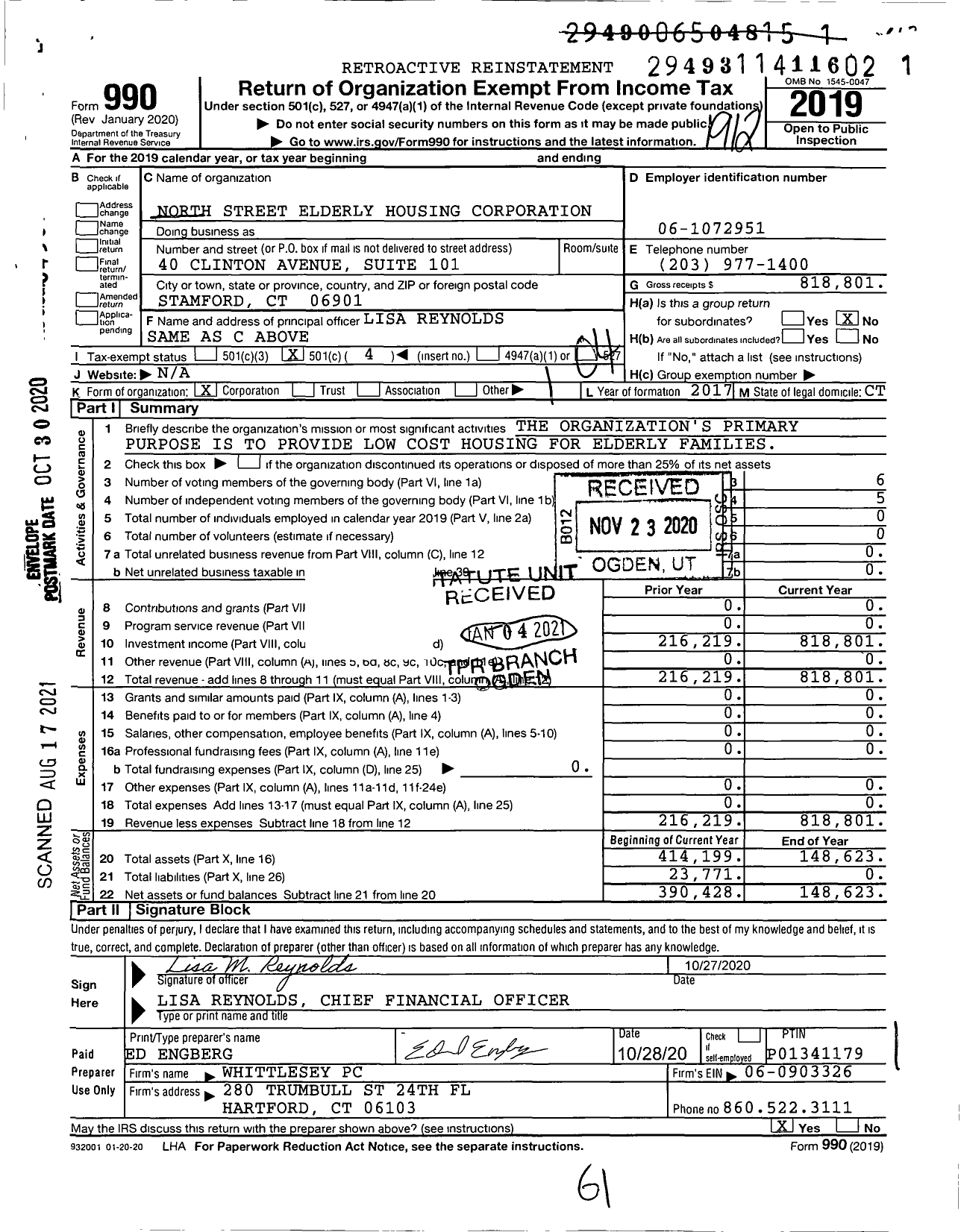 Image of first page of 2019 Form 990O for North Street Elderly Housing Corporation