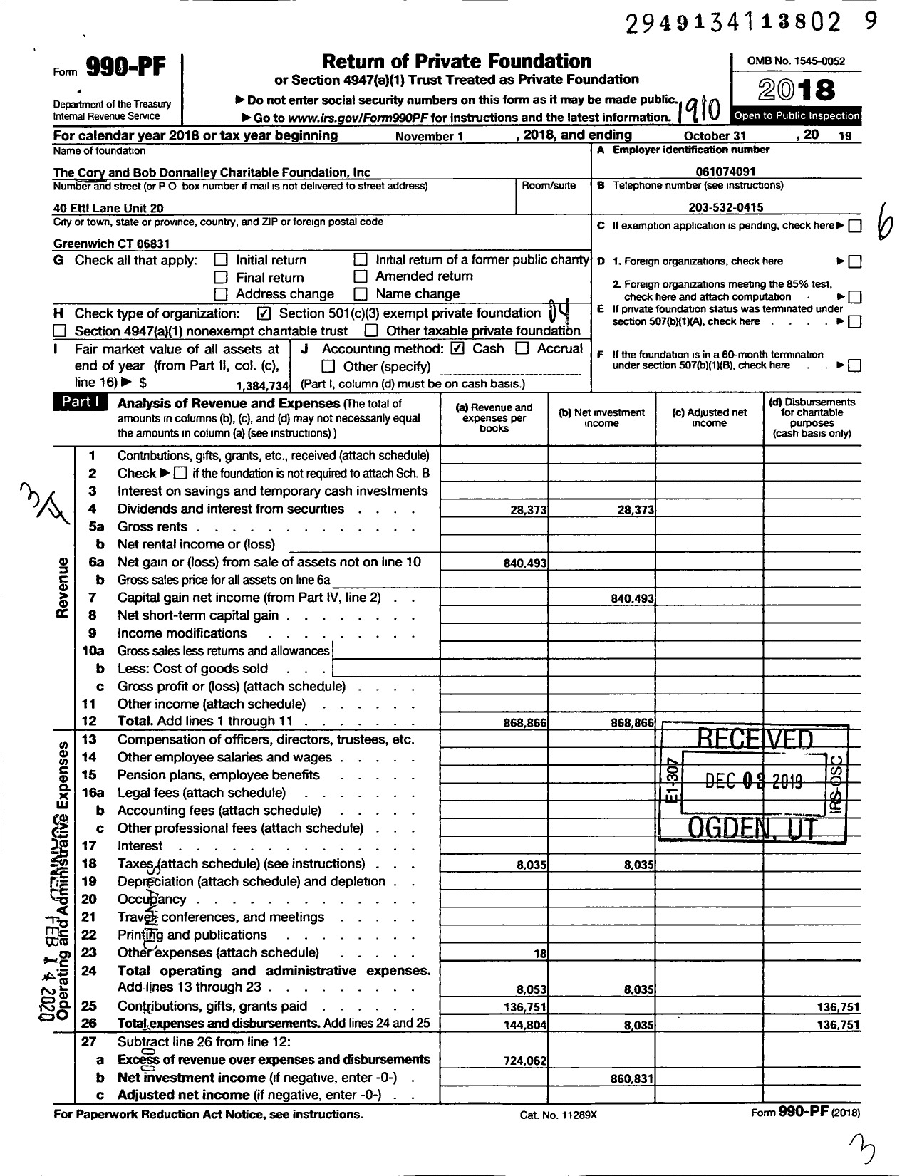 Image of first page of 2018 Form 990PF for The Cory and Bob Donnalley Charitable Foundation