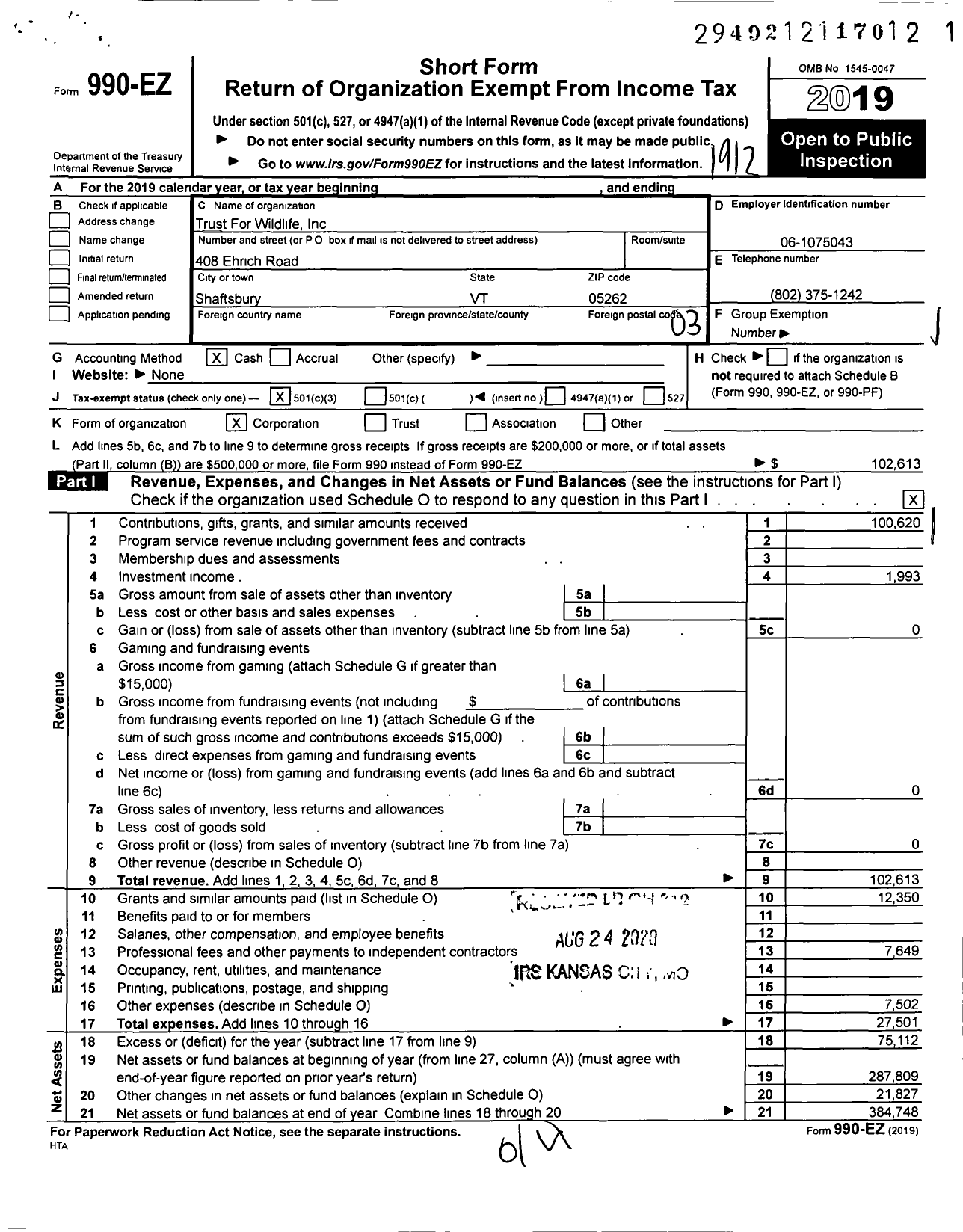 Image of first page of 2019 Form 990EZ for Trust For Wildlife