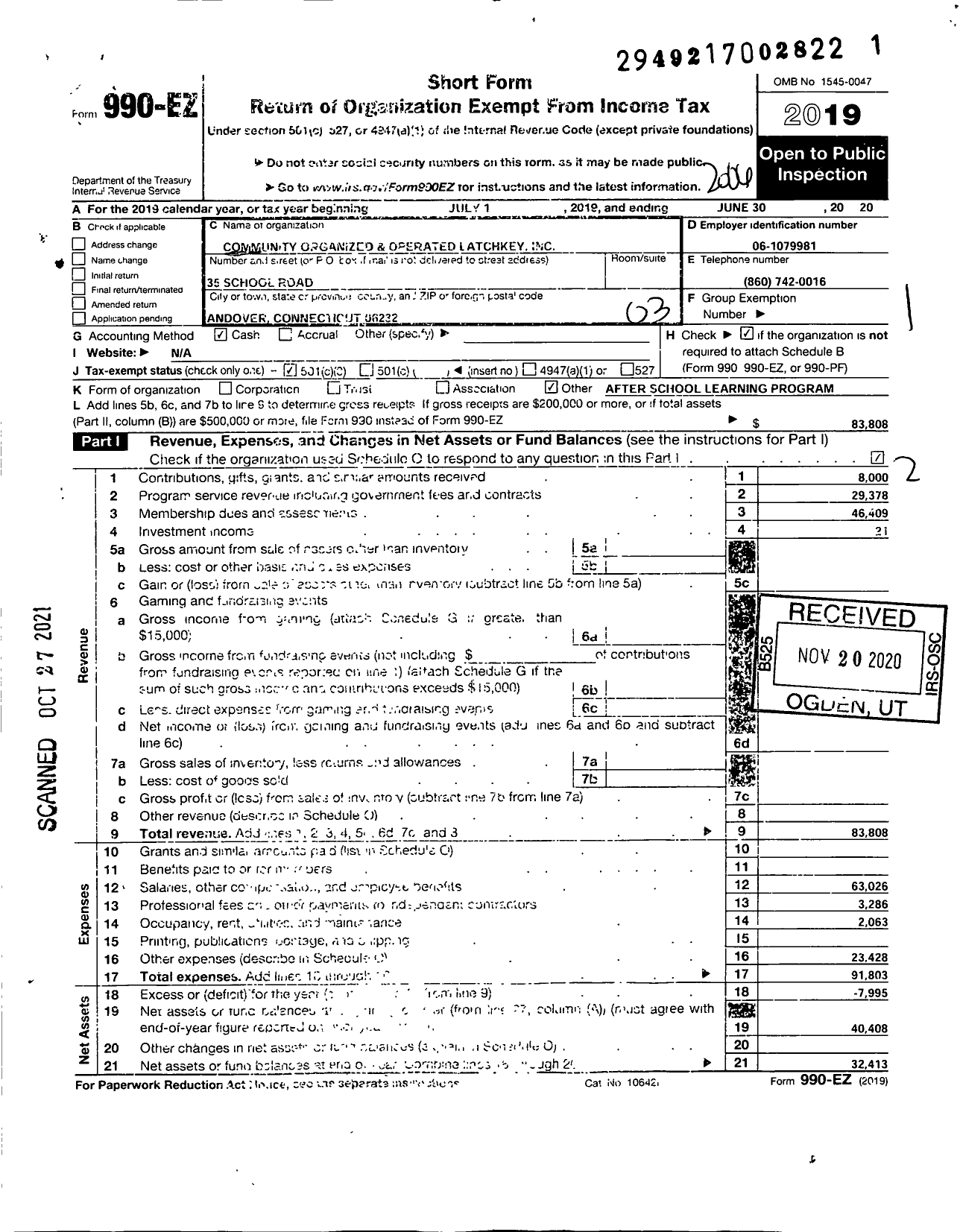 Image of first page of 2019 Form 990EZ for Community Organized and Operated Latchkey