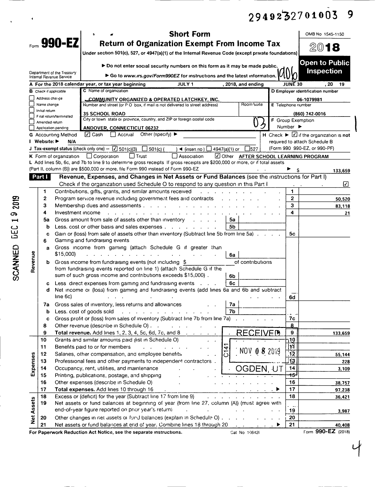 Image of first page of 2018 Form 990EZ for Community Organized and Operated Latchkey