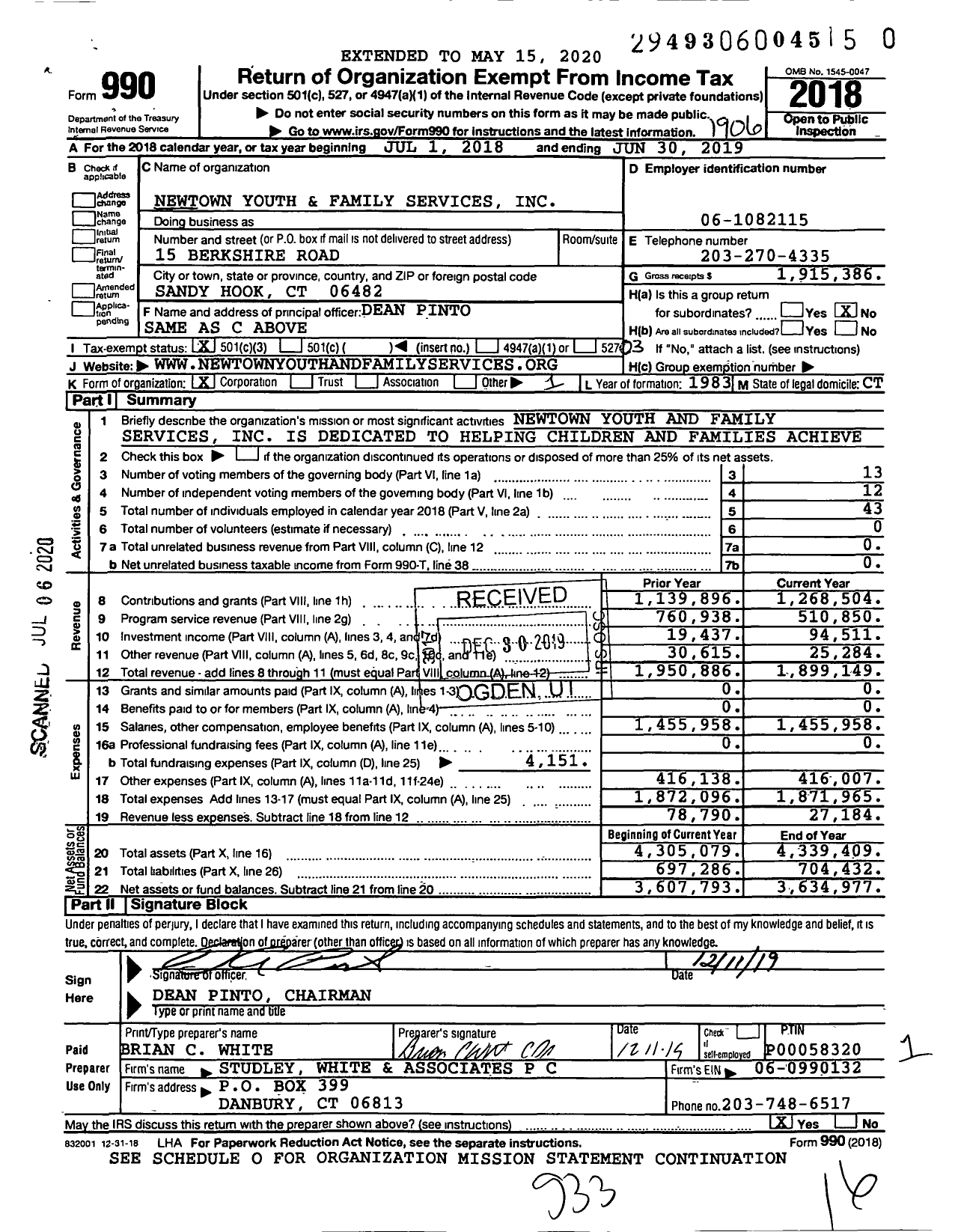 Image of first page of 2018 Form 990 for Newtown Youth and Family Services