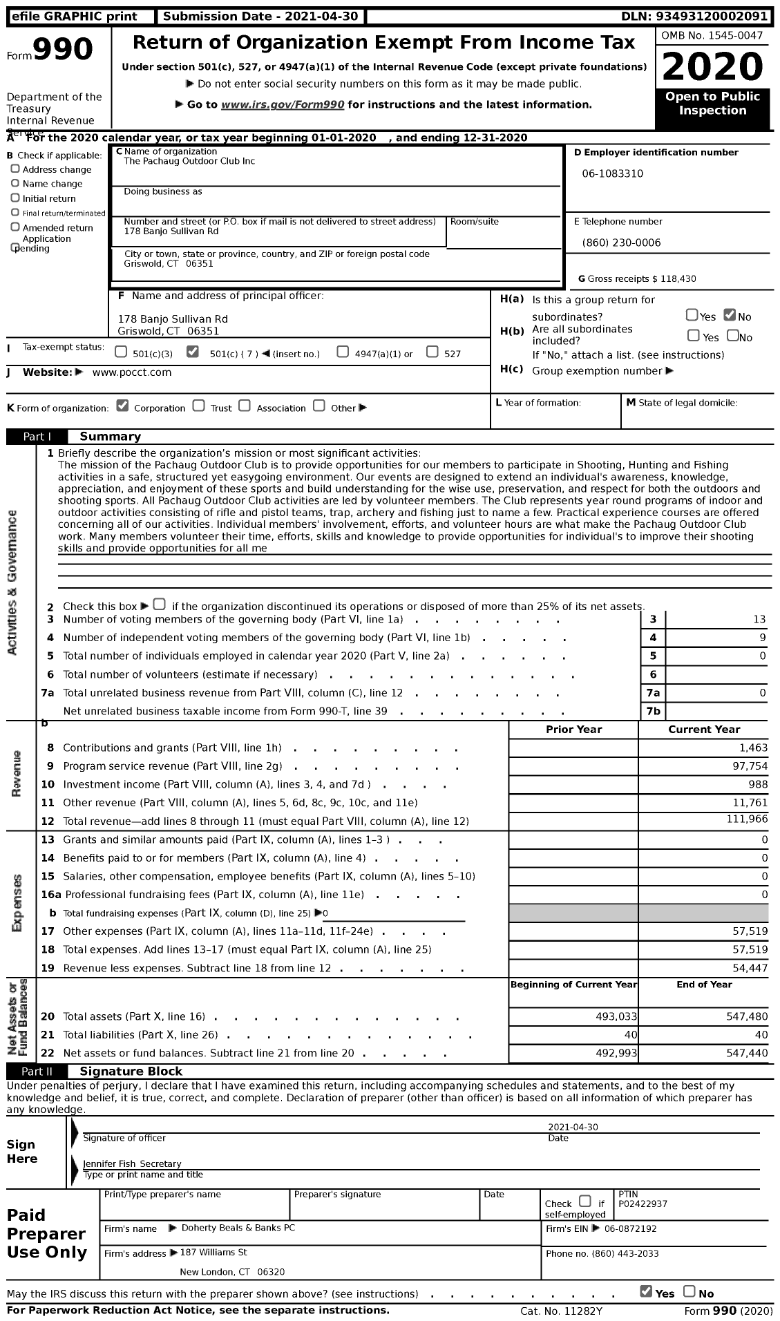 Image of first page of 2020 Form 990 for The Pachaug Outdoor Club