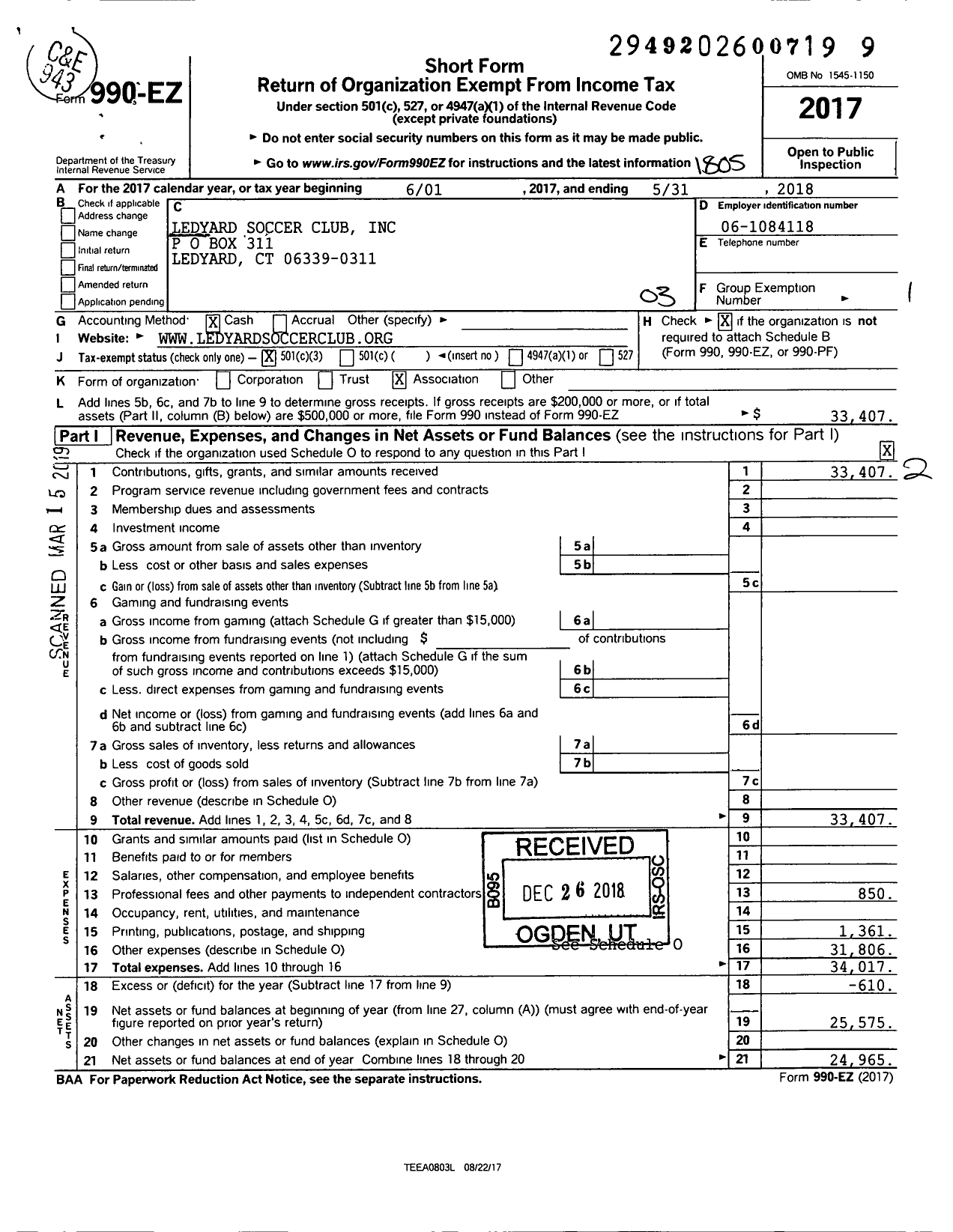 Image of first page of 2017 Form 990EZ for Ledyard Soccer Club