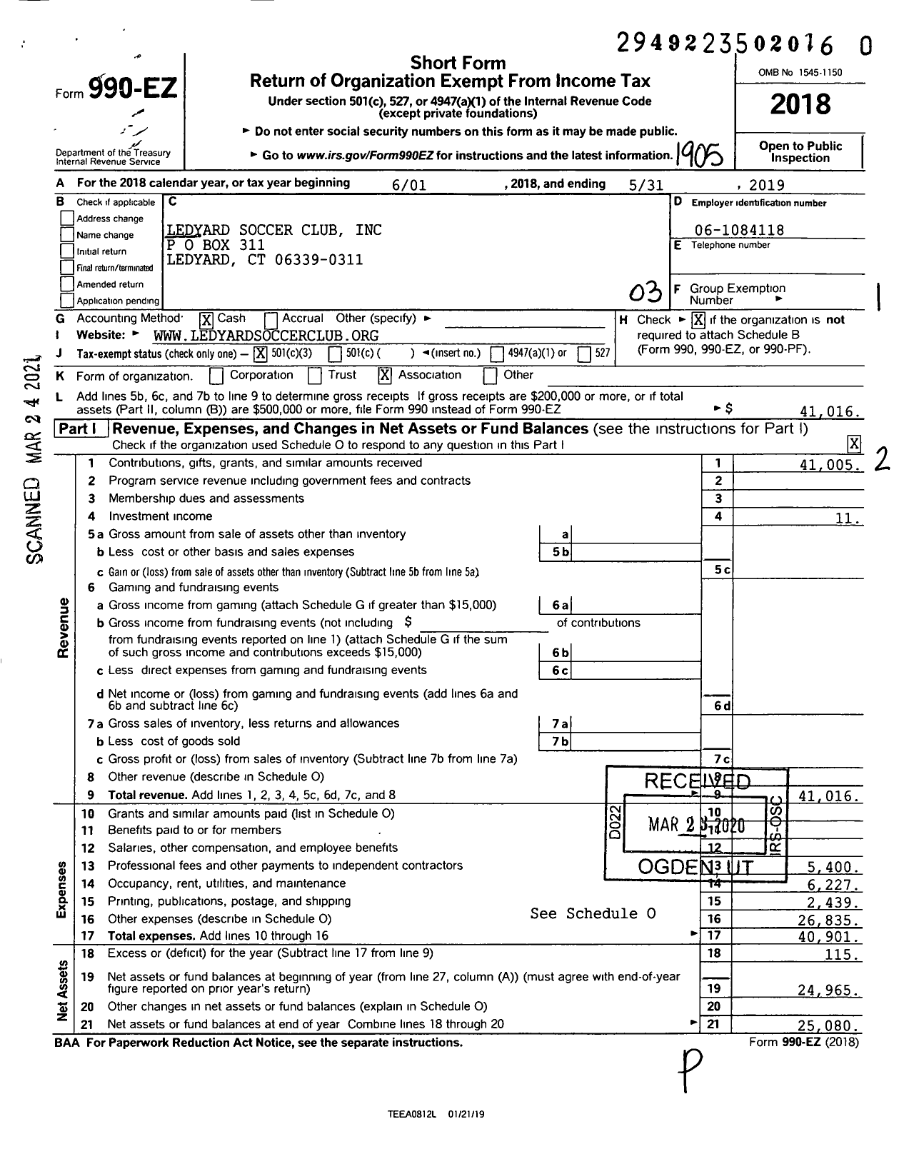 Image of first page of 2018 Form 990EZ for Ledyard Soccer Club