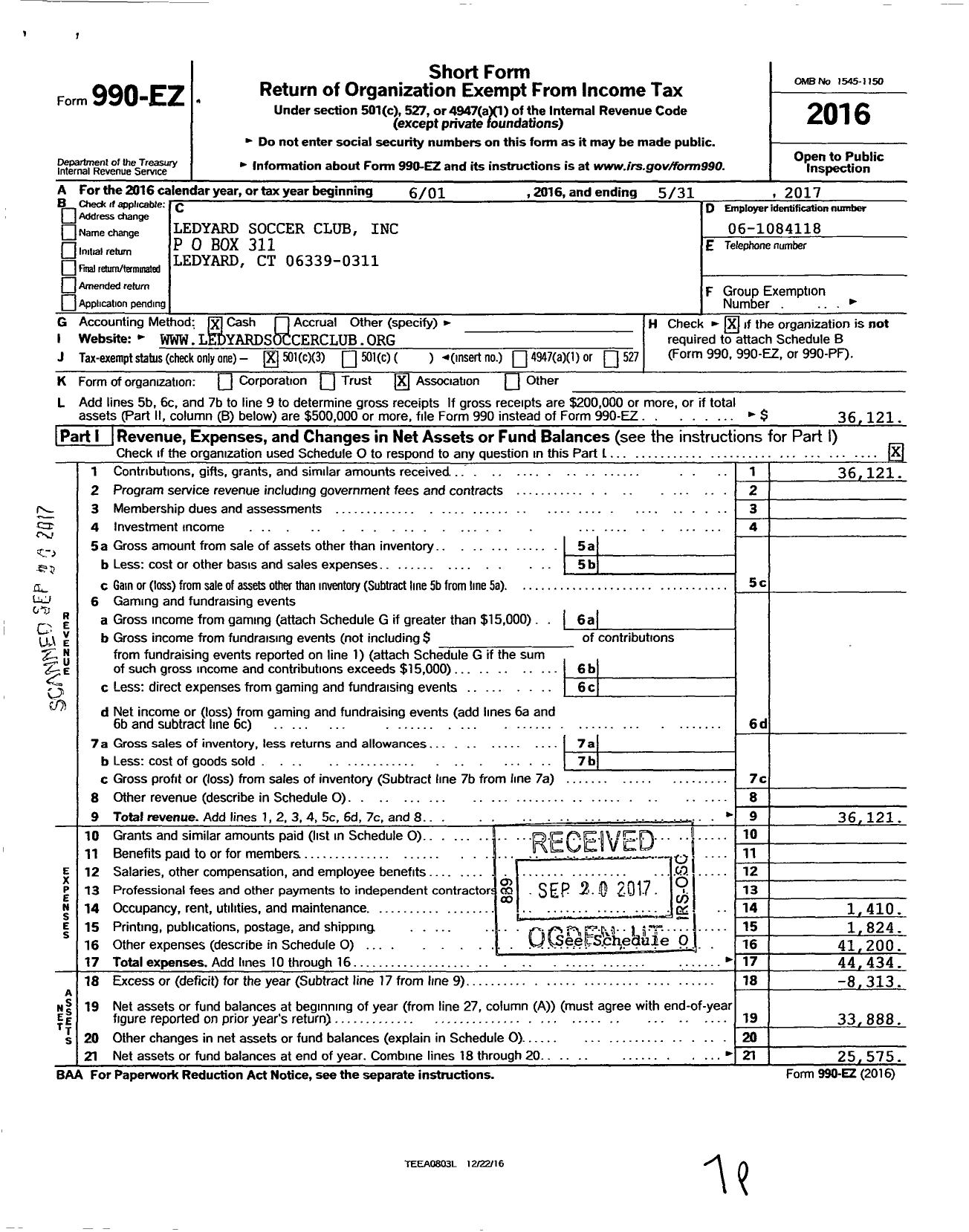 Image of first page of 2016 Form 990EZ for Ledyard Soccer Club