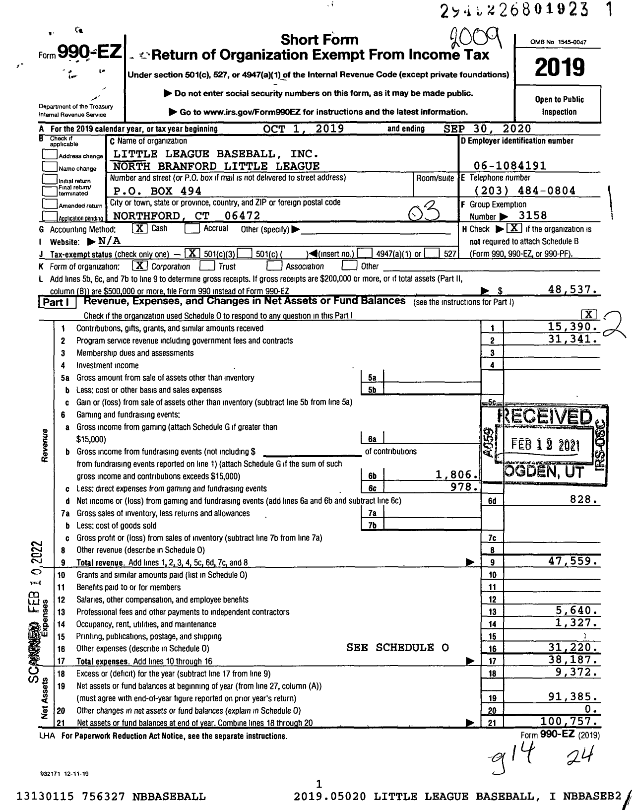 Image of first page of 2019 Form 990EZ for Little League Baseball - 2070413 North Branford LL