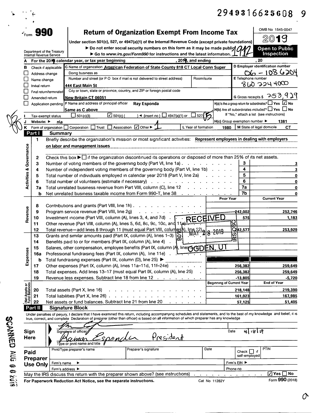 Image of first page of 2019 Form 990O for American Federation of State County & Municipal Employees - L0818CT Conn Supervisory Employees