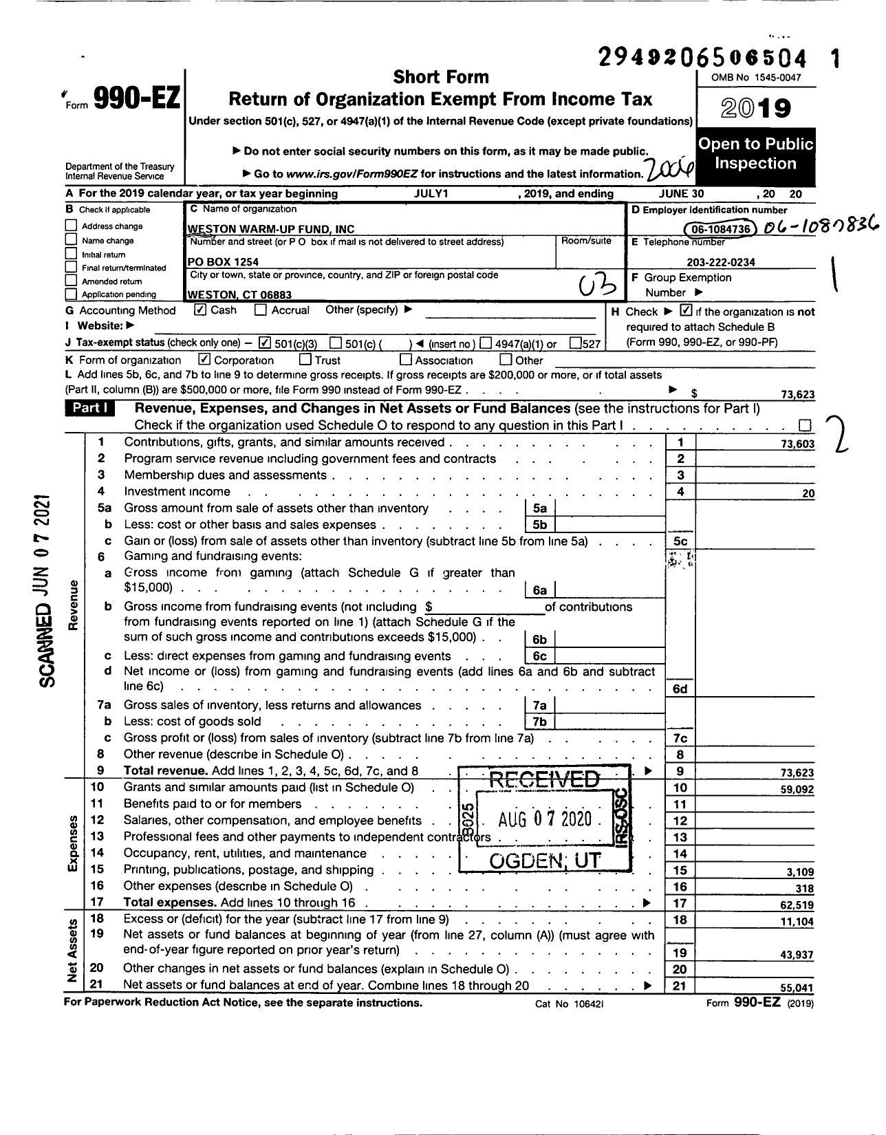 Image of first page of 2019 Form 990EZ for Weston Warm-Up Fund