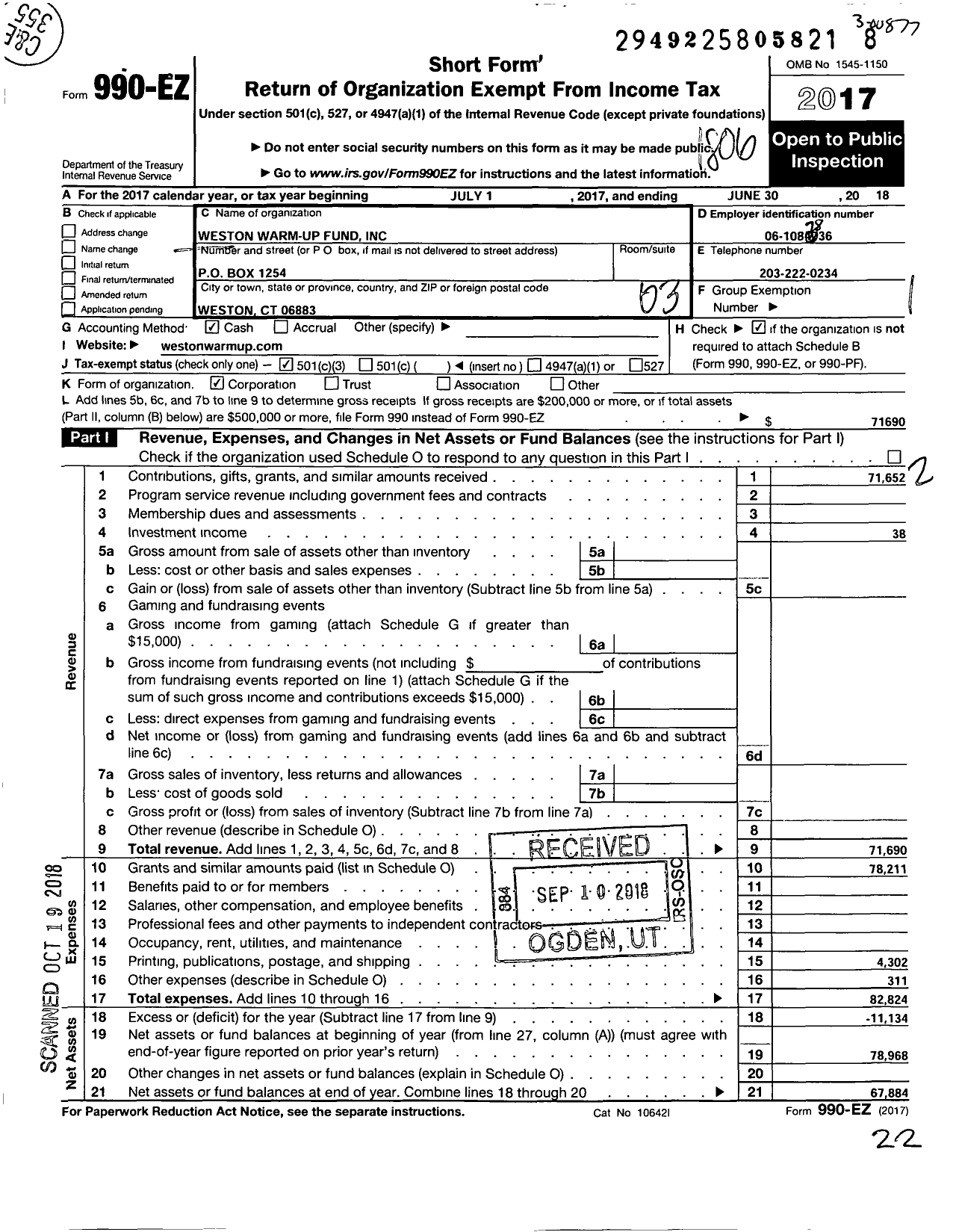 Image of first page of 2017 Form 990EZ for Weston Warm-Up Fund