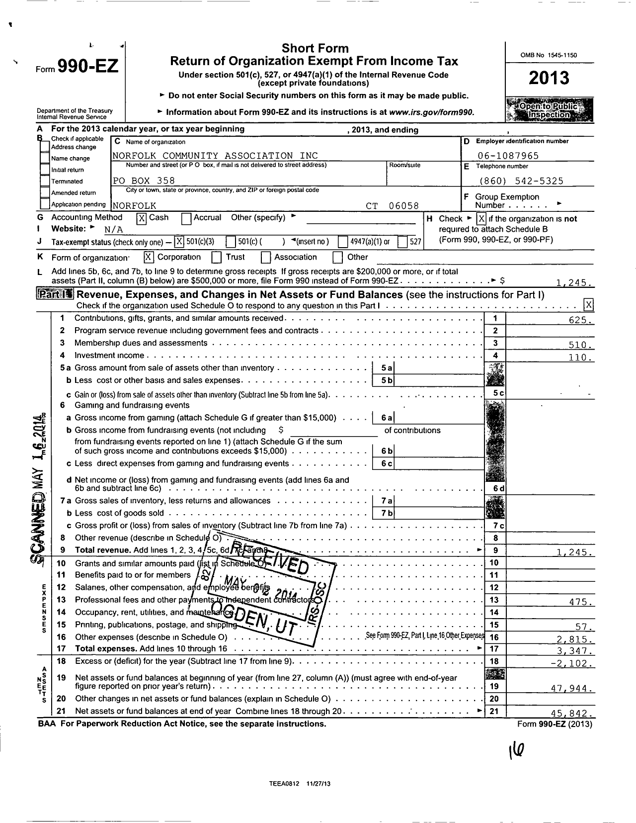 Image of first page of 2013 Form 990EZ for Norfolk Community Association