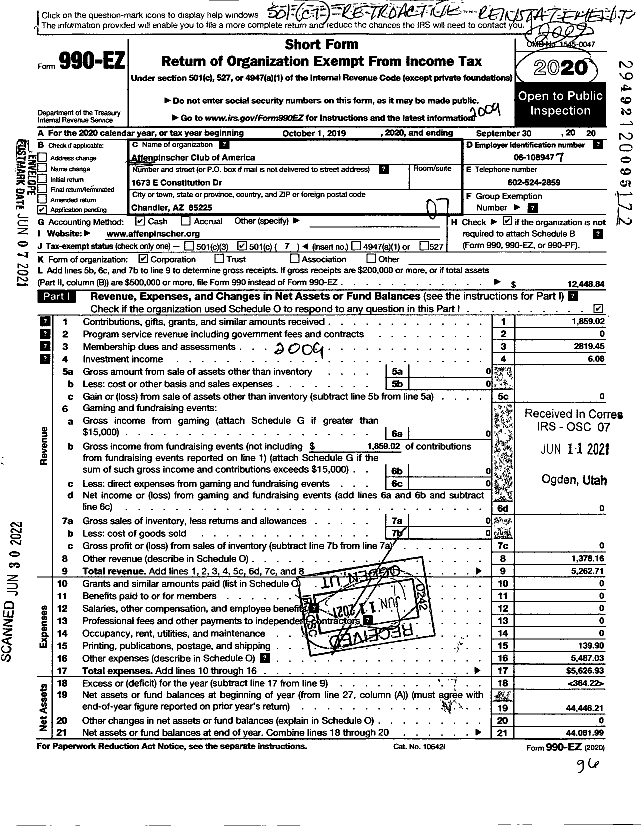 Image of first page of 2019 Form 990EO for Affenpinscher Club of America