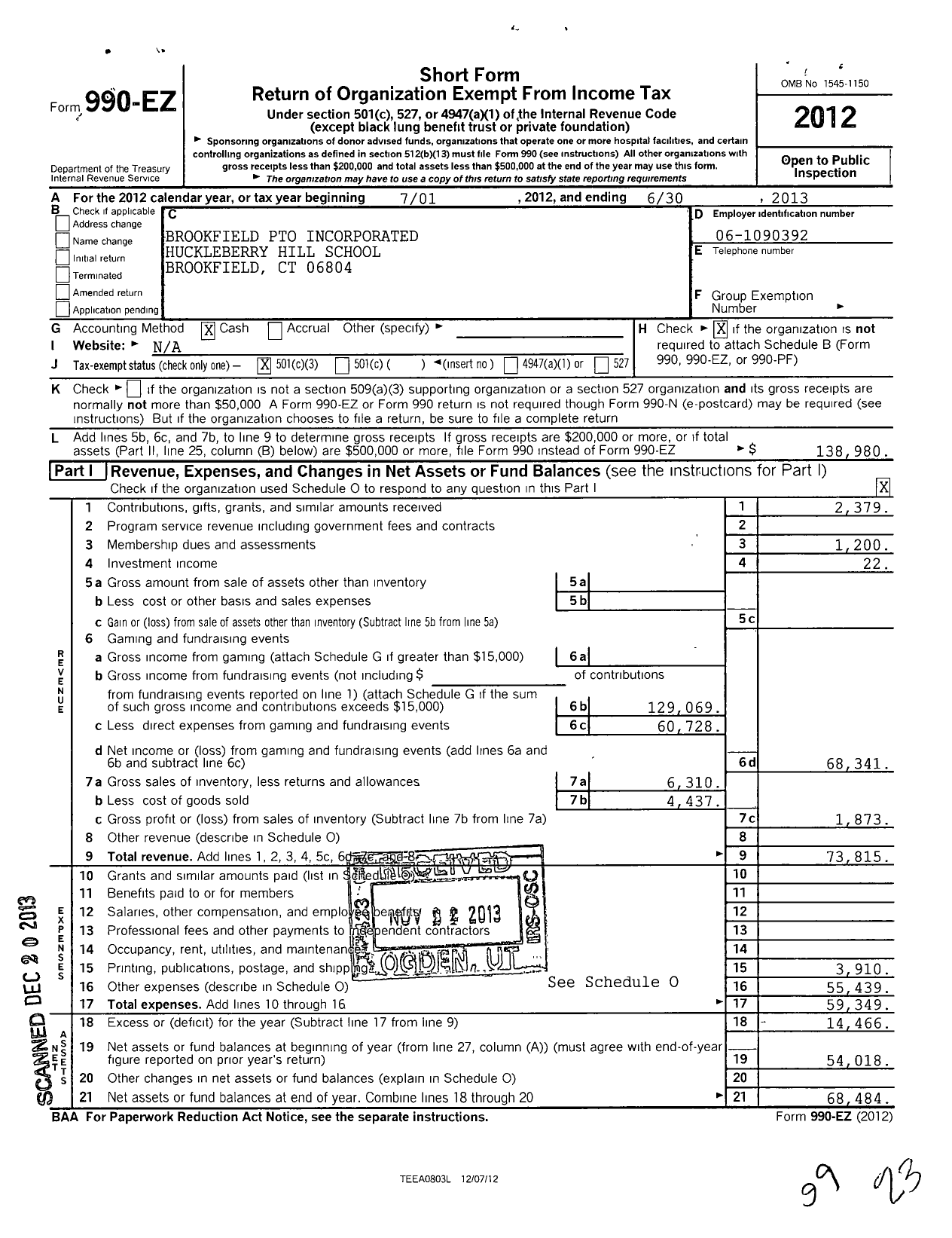 Image of first page of 2012 Form 990EZ for Brookfield Pto Incorporated