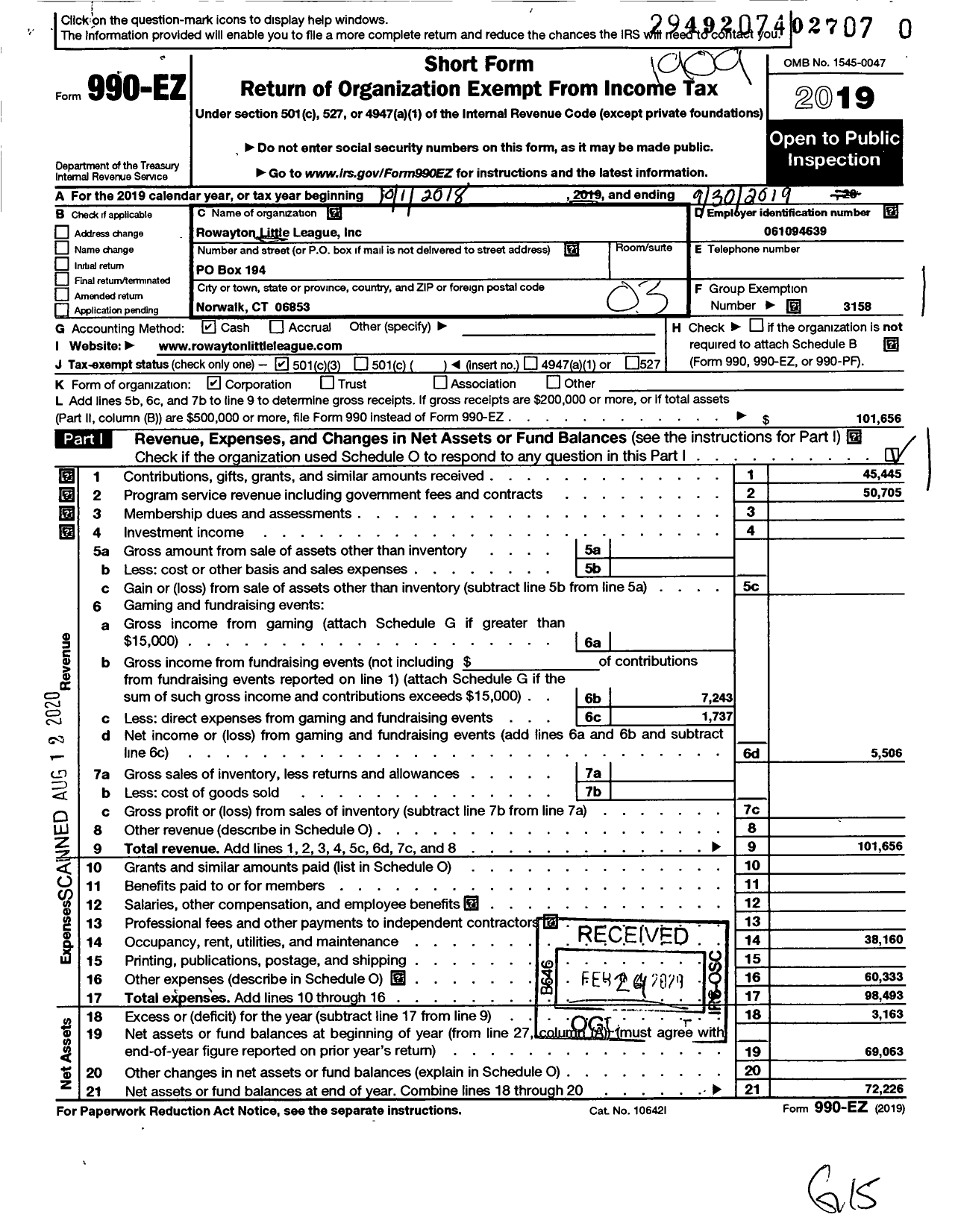 Image of first page of 2018 Form 990EZ for Rowayton Little League