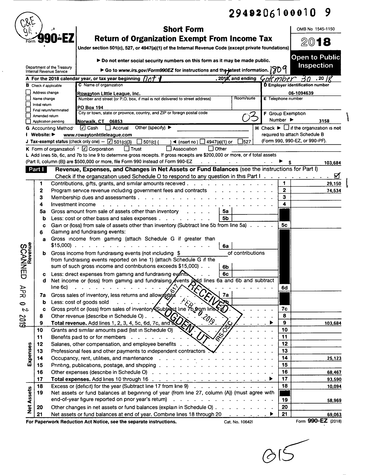 Image of first page of 2017 Form 990EZ for Rowayton Little League