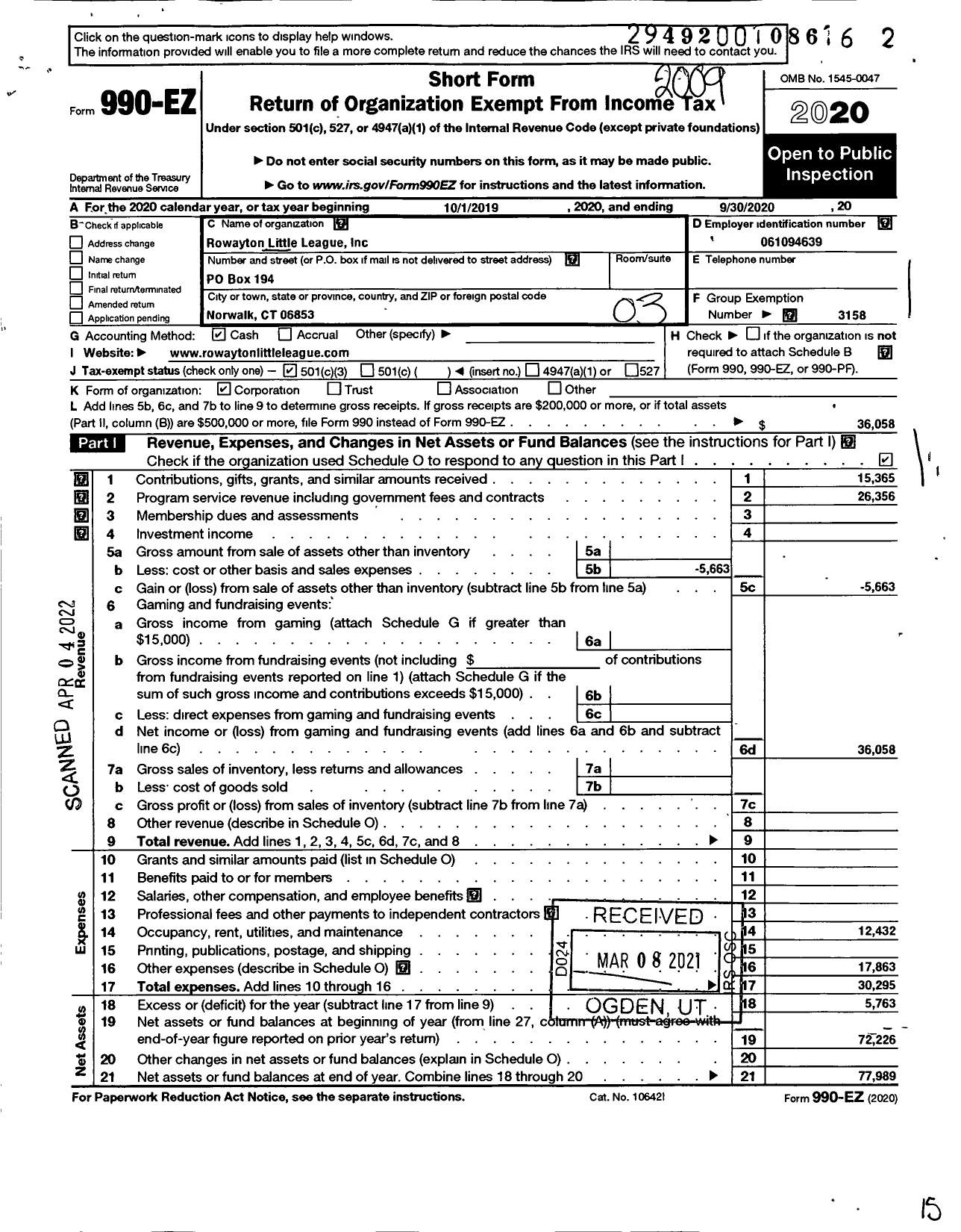 Image of first page of 2019 Form 990EZ for Rowayton Little League