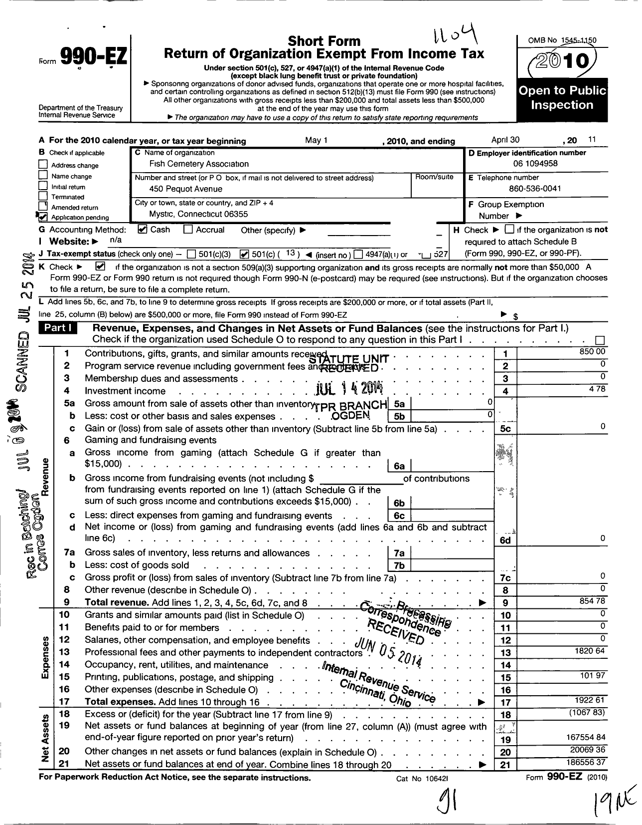 Image of first page of 2010 Form 990EO for Fish Cemetery Association